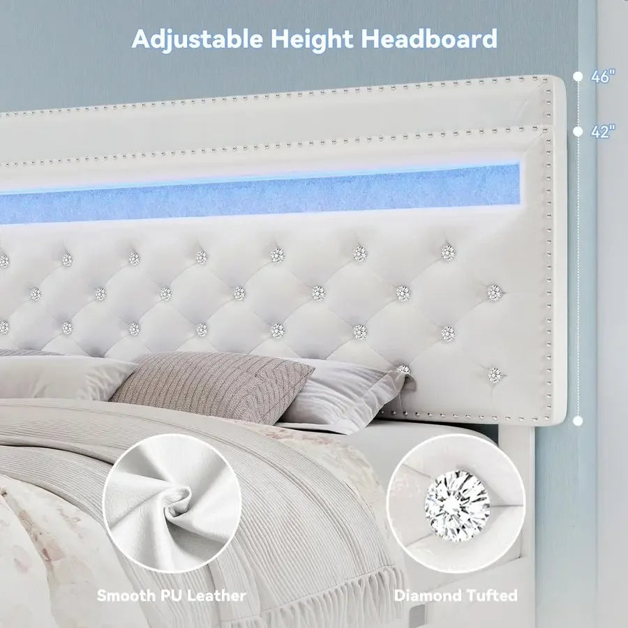 LED PU Upholstered Bed Frame With 2 Drawers Smart Lighting