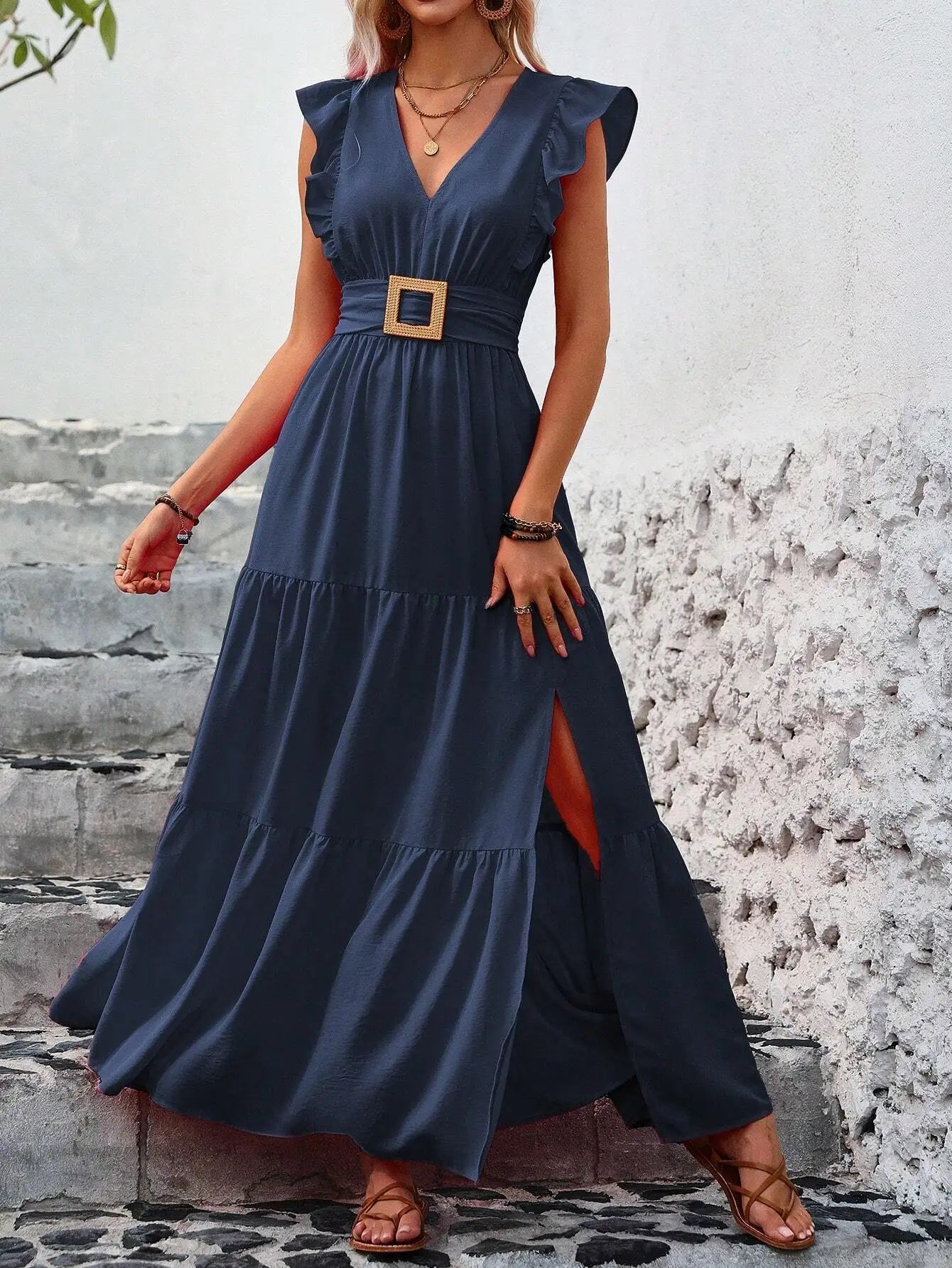 Chiffon Maxi Dress With Ruffle Trim And High Slit For Women