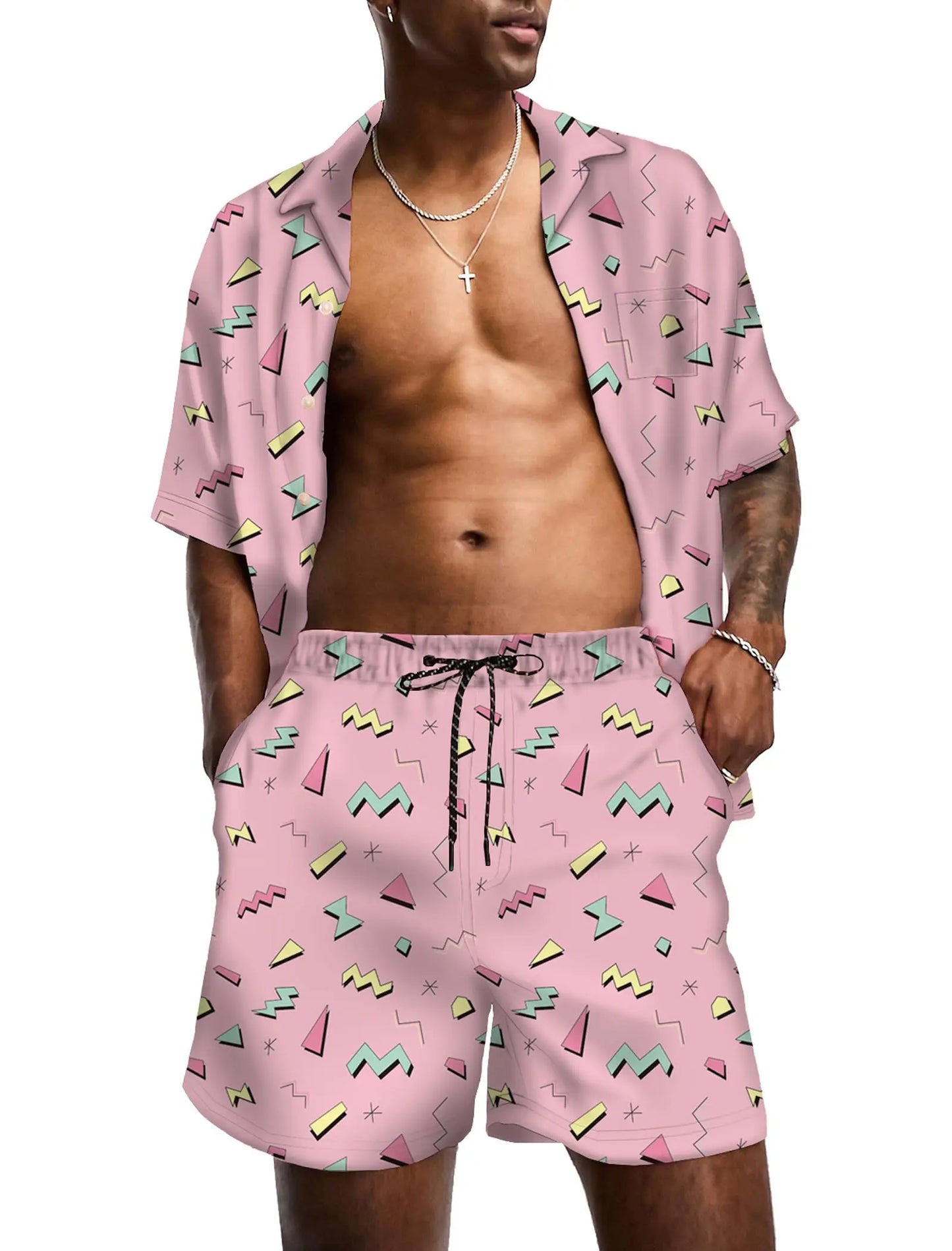 KYKUCN Men Summer Short Sleeve Button Down Beach Shirt Set
