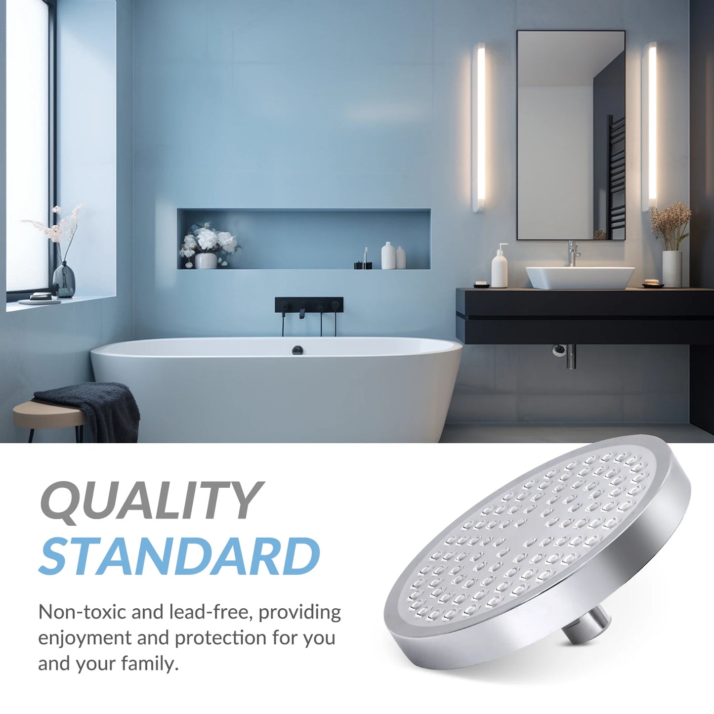 Stainless Steel Rain Shower Head Wall Mounted Adjustable High Pressure