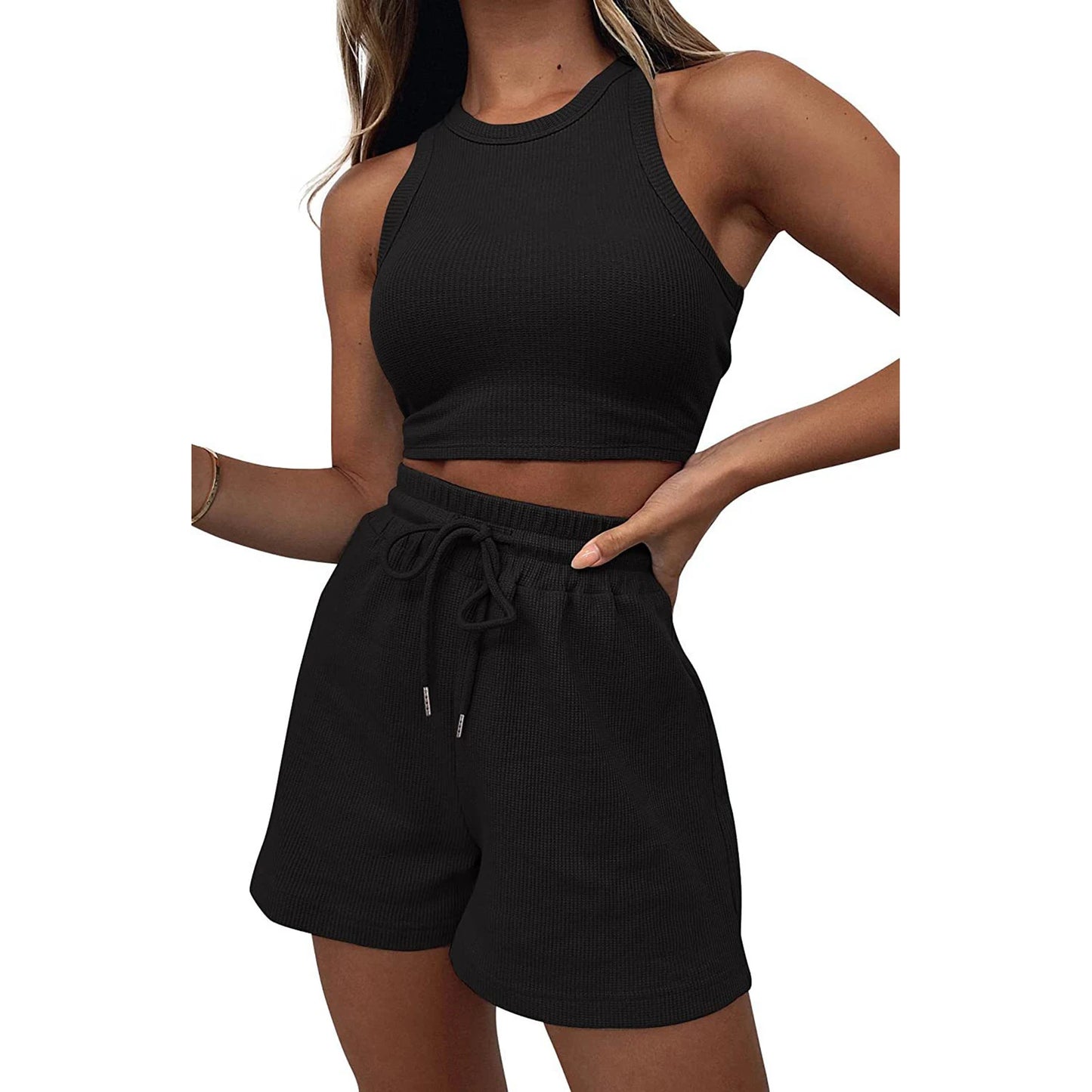 Hirigin Women's Waffle Sleeveless Tank Top Shorts Two Piece Set