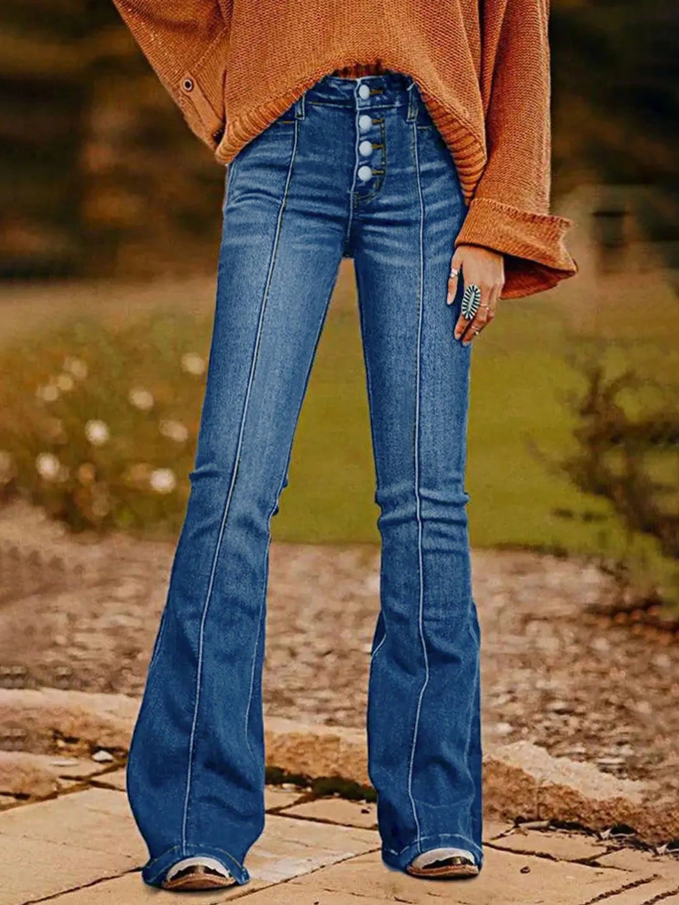 Womens Slim Fit Flared Jeans With Button Fly Denim