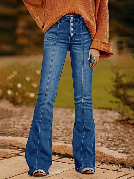 Womens Slim Fit Flared Jeans With Button Fly Denim