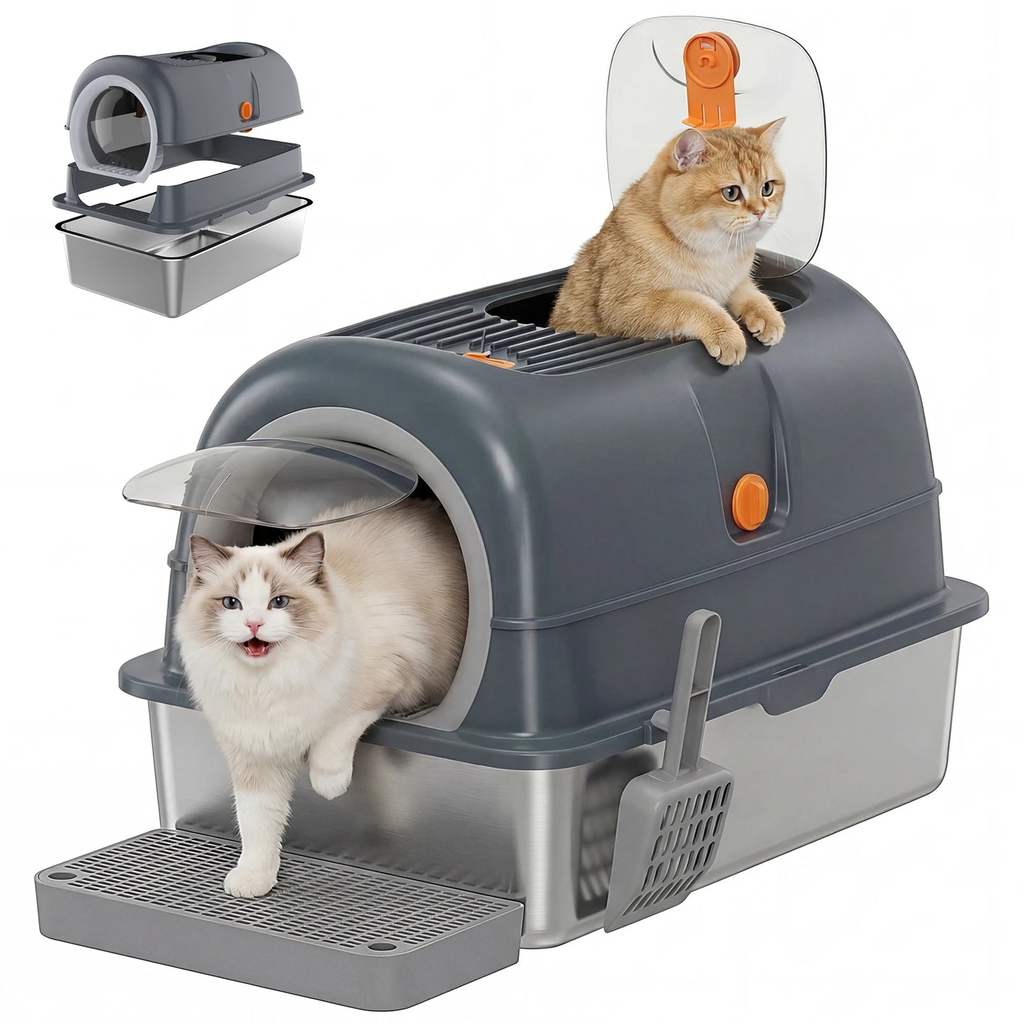 XL Stainless Steel Covered Cat Litter Box with Lid