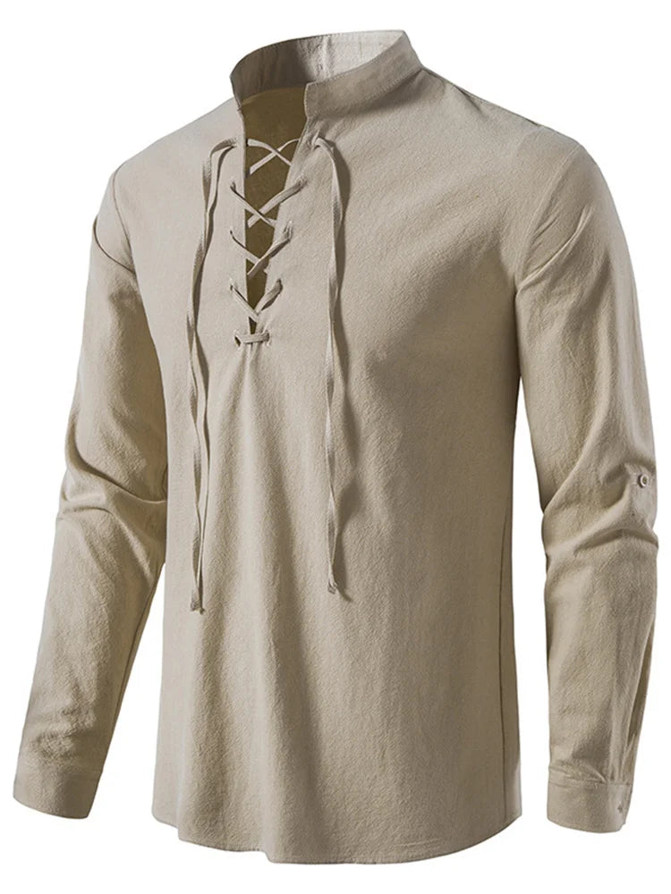 Mens Retro Long Sleeve Shirt Lace Up Medieval Viking Costume