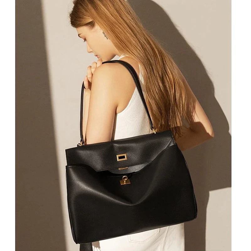 Genuine Leather Women's Large Capacity Handbag with Secure Hasp Closure