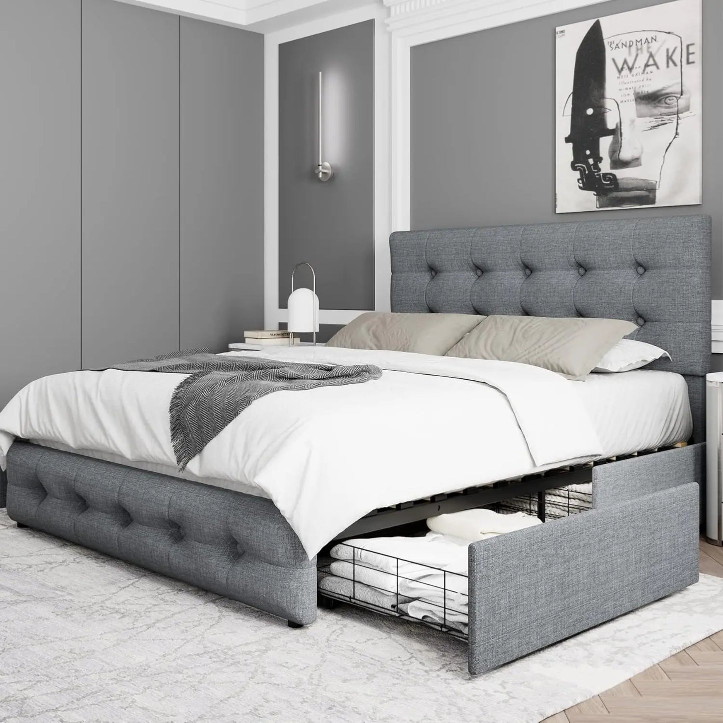 Full Size Bed Frame with 4 Storage Drawers and Adjustable Headboard