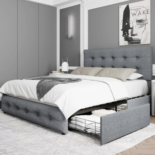 Full Size Bed Frame with 4 Storage Drawers and Adjustable Headboard