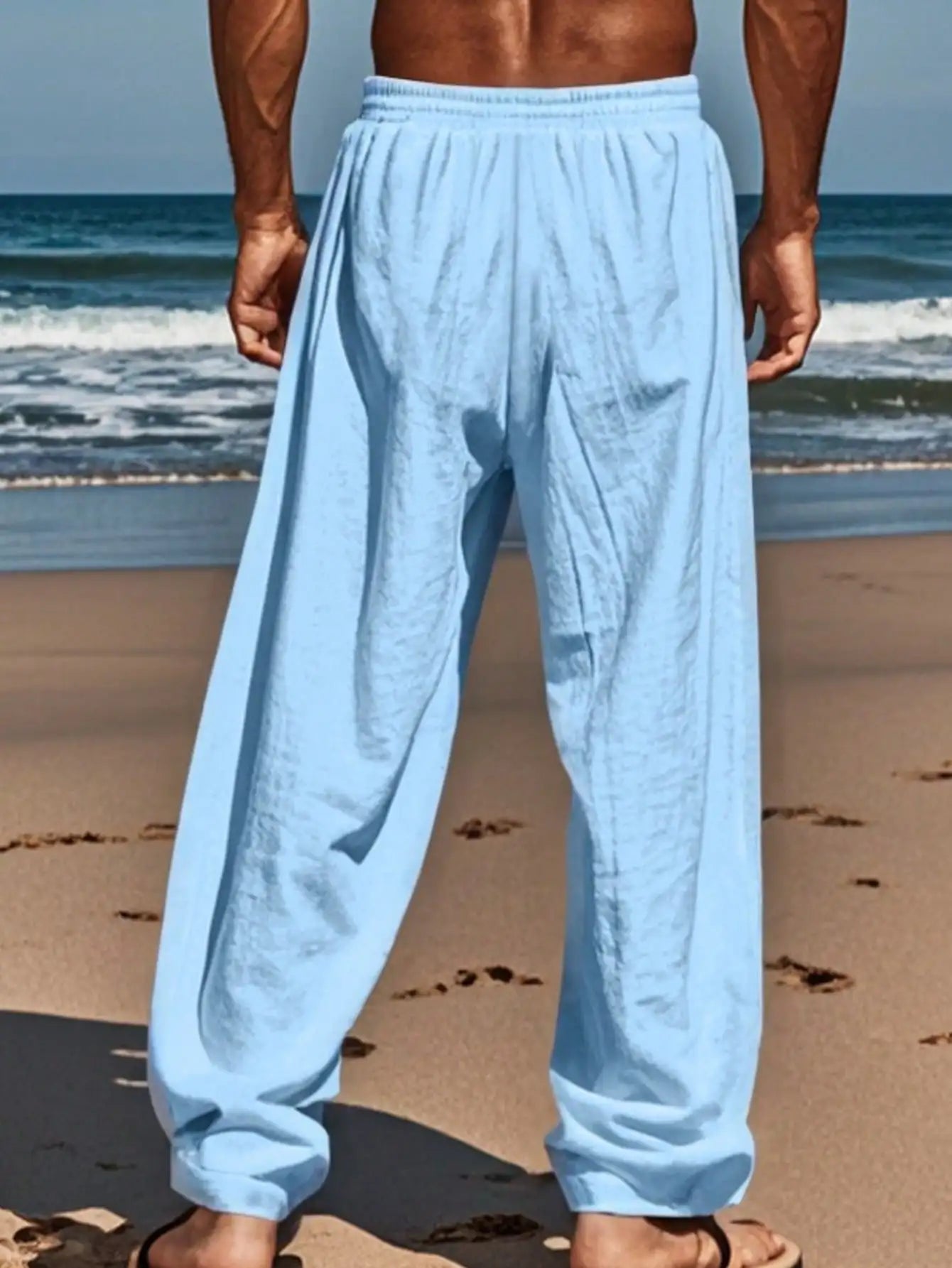 Men Linen Wide Leg Casual Pants Lightweight Breathable Trousers