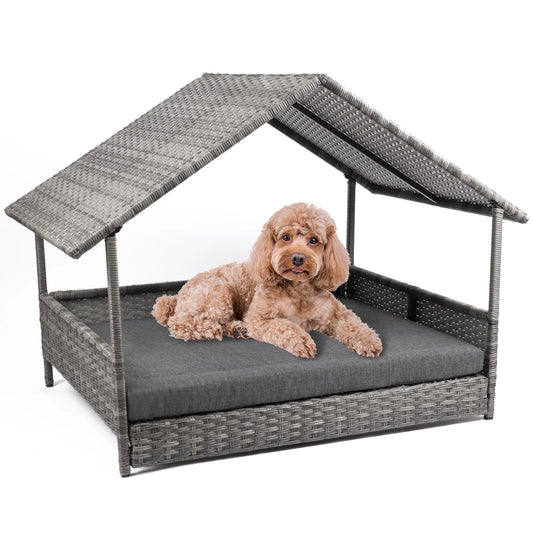 Elevated Rattan Dog Bed with Canopy, with Water Resistant Cushion