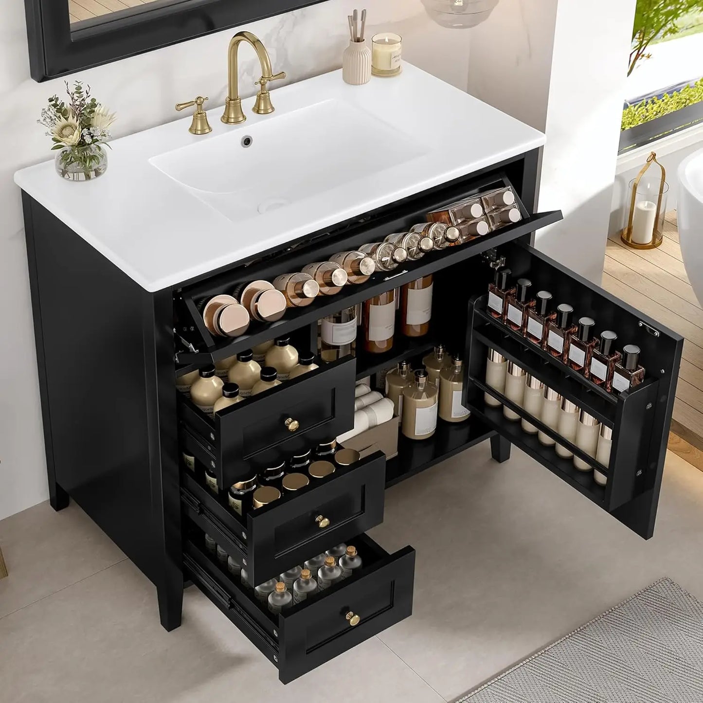 Free Standing Modern Bathroom Vanity With Sink And Tip-Out Drawer