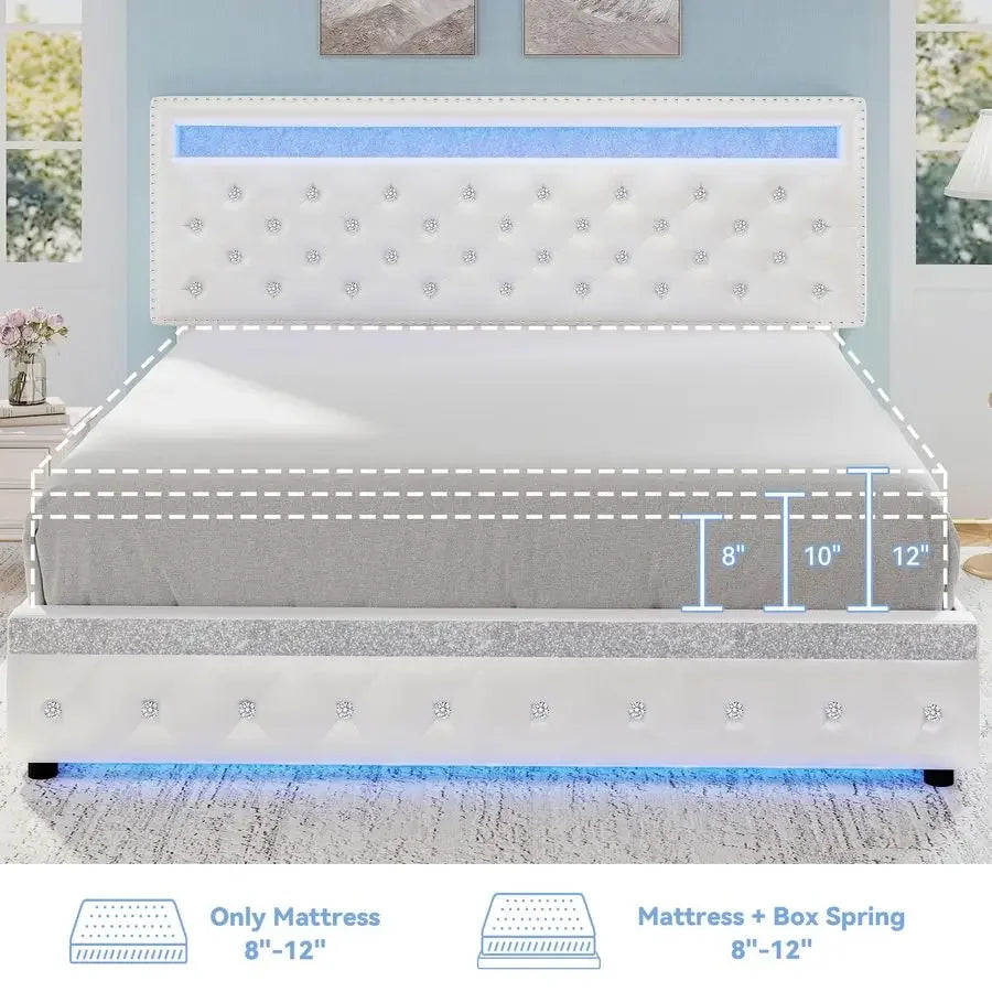 LED PU Upholstered Bed Frame With 2 Drawers Smart Lighting
