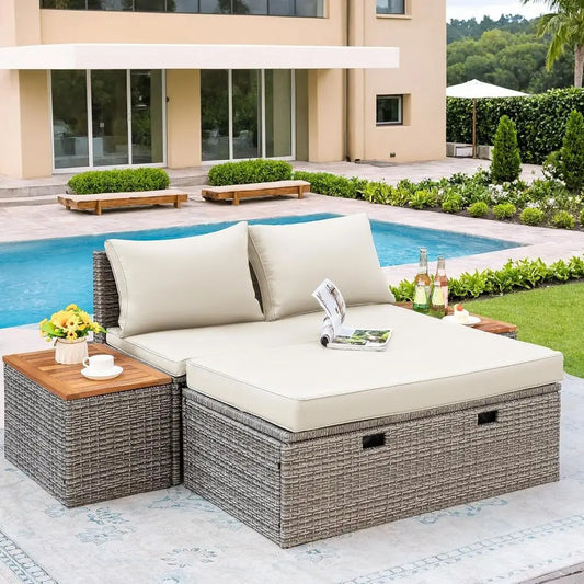 Rattan Daybed With Side Tables And Storage Ottoman