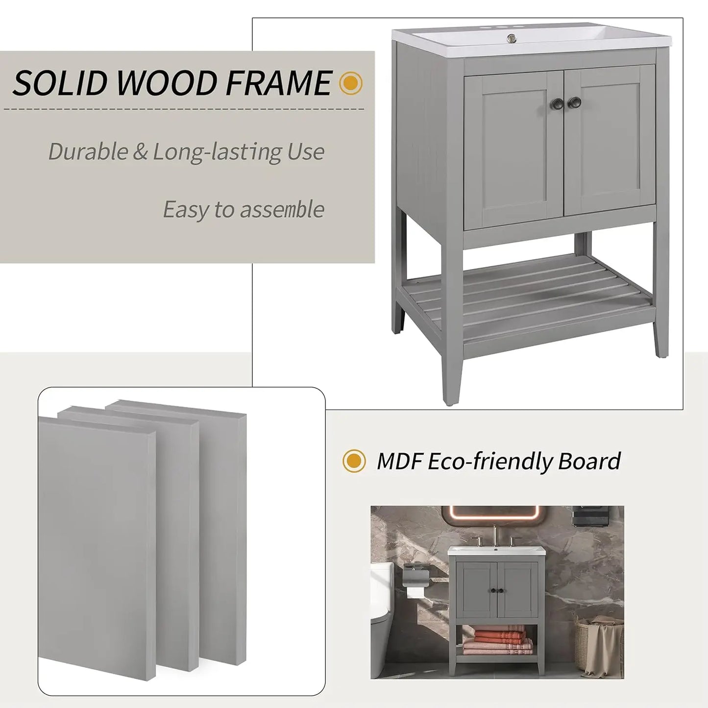 Solid Wood Bathroom Vanity Cabinet With Durable Birch Wood Construction