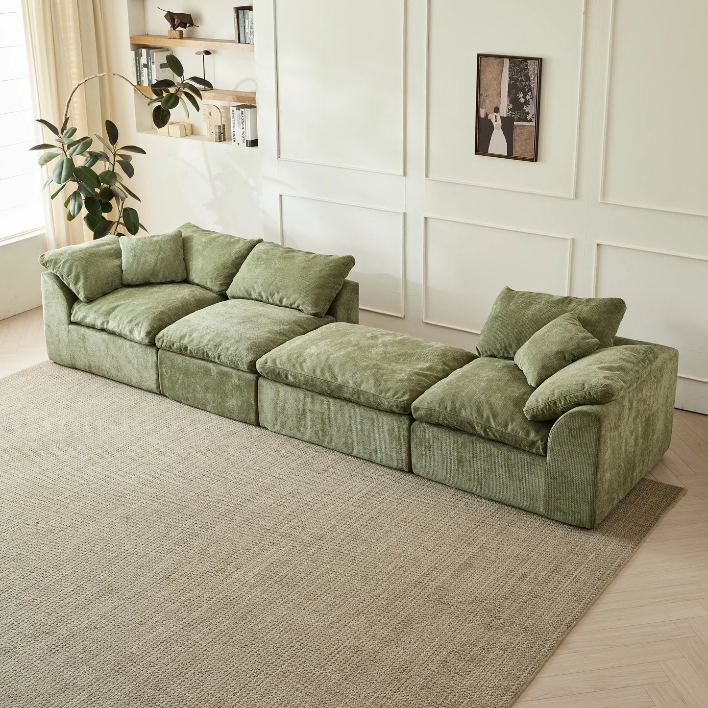 Chenille L Shaped Sofa With Ottoman Modern Living Room
