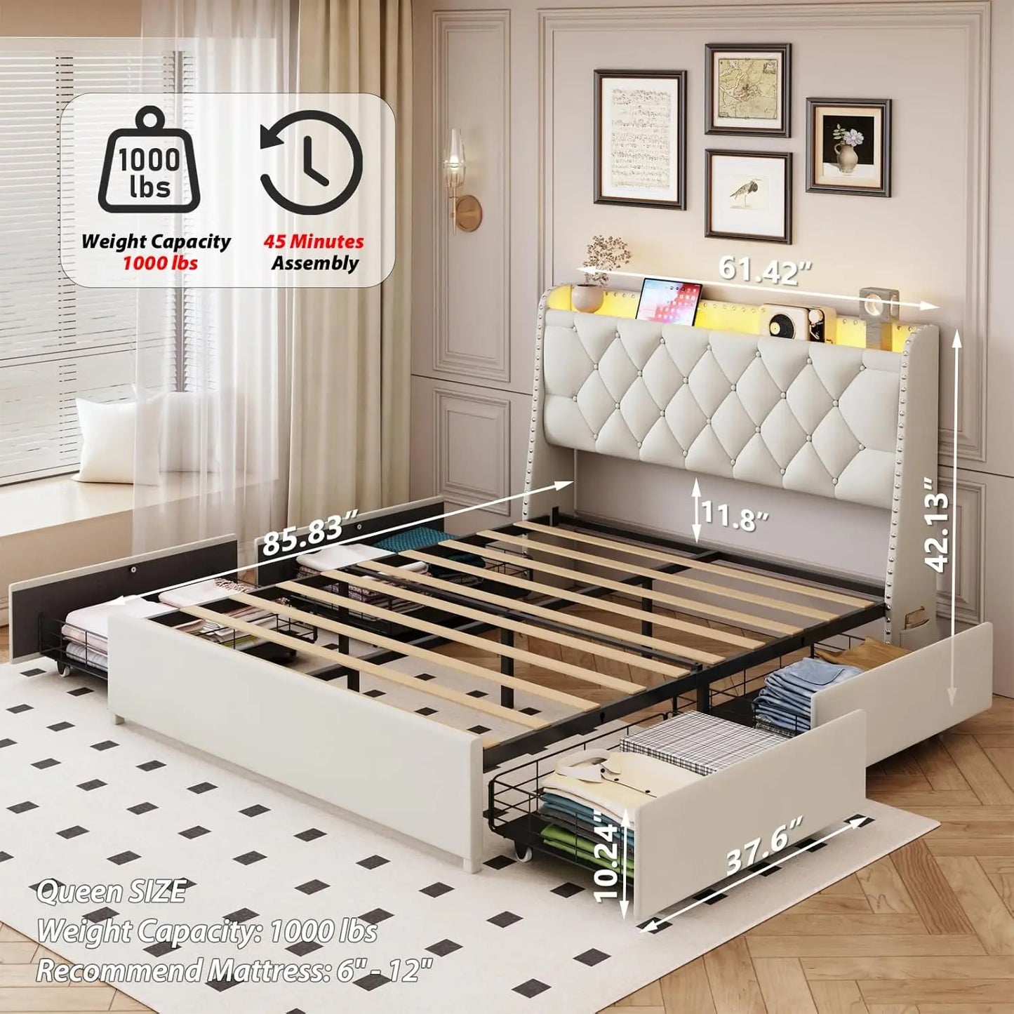 Queen Size Bed with 4 Drawers & Storage Headboard, LED Lights & Charging Station