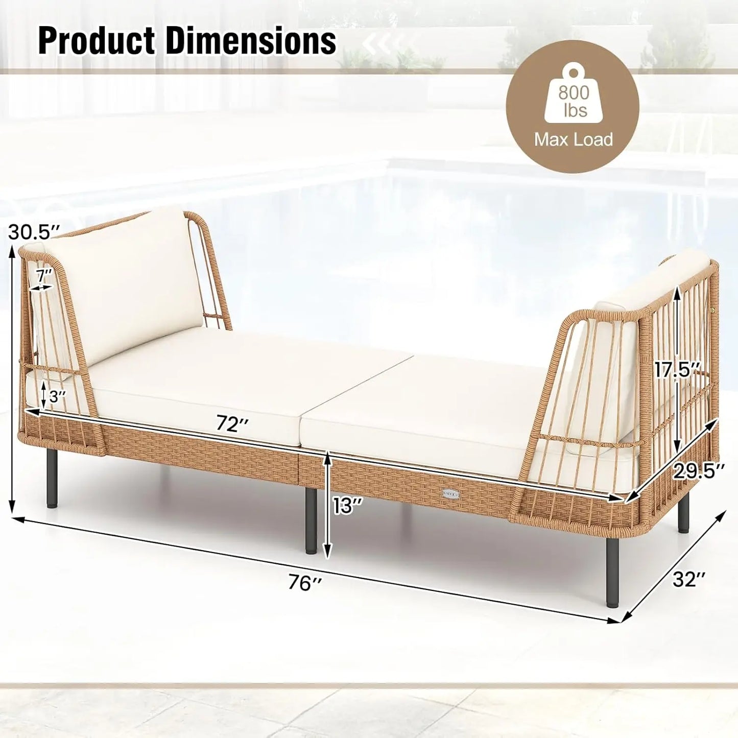 Folded Patio Rattan Daybed Boho Outdoor Wicker Lounge Sofa