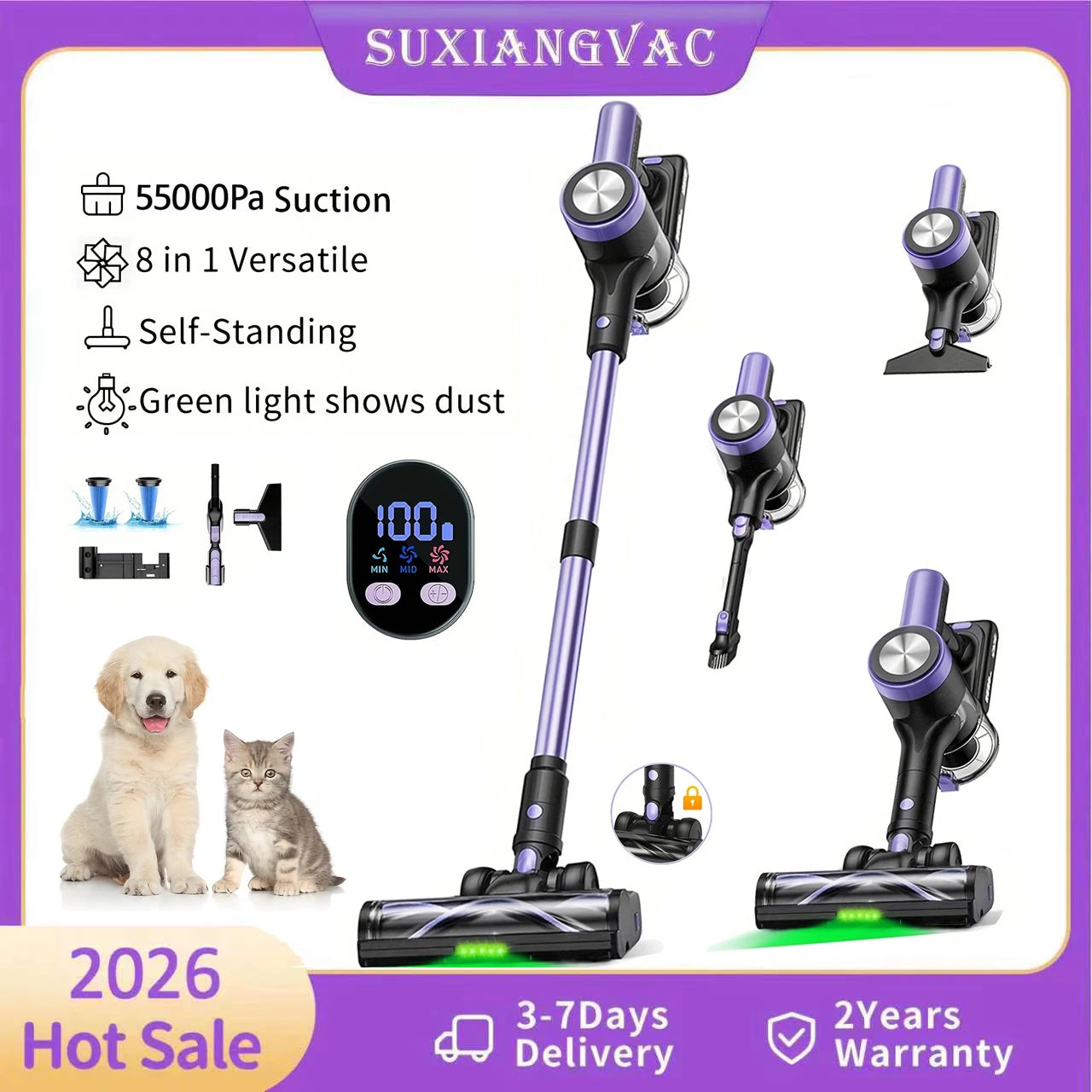 SUXIANGVACC 500W Cordless Vacuum Cleaner 55KPA With Smart Led Screen