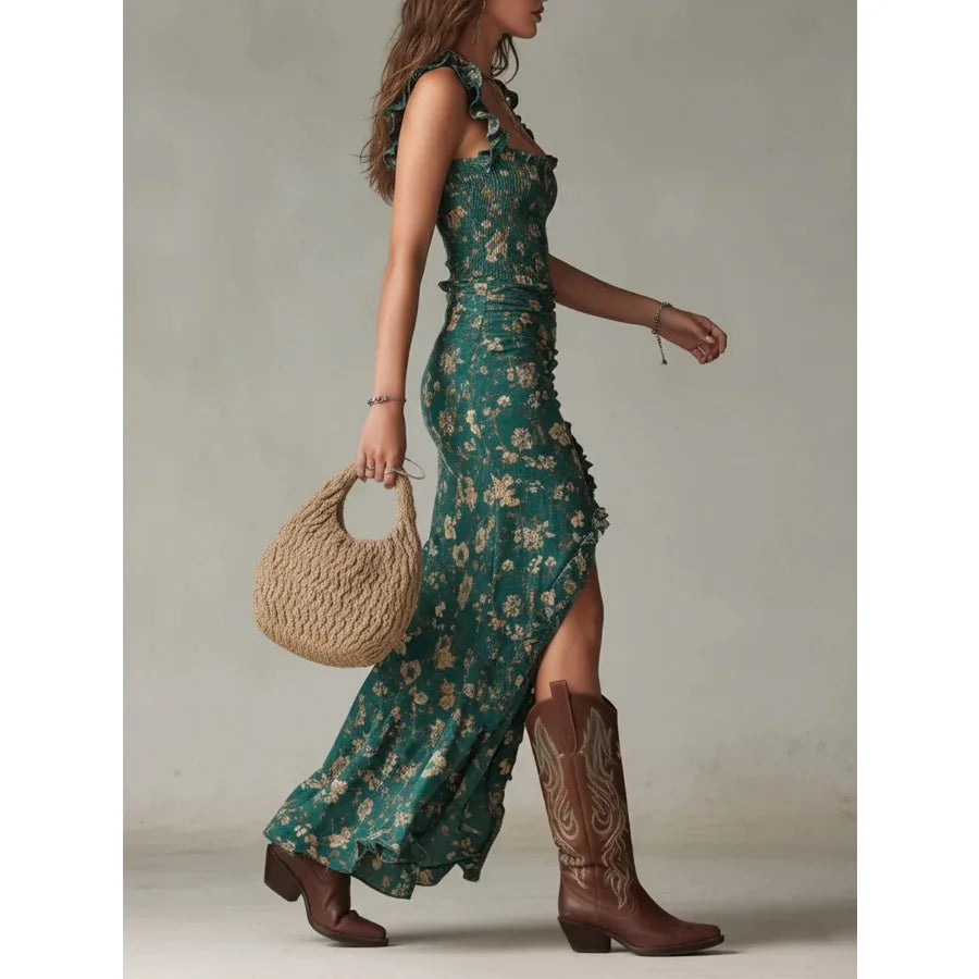 Summer Floral Print Waist Slimming Wide Skirt Dress