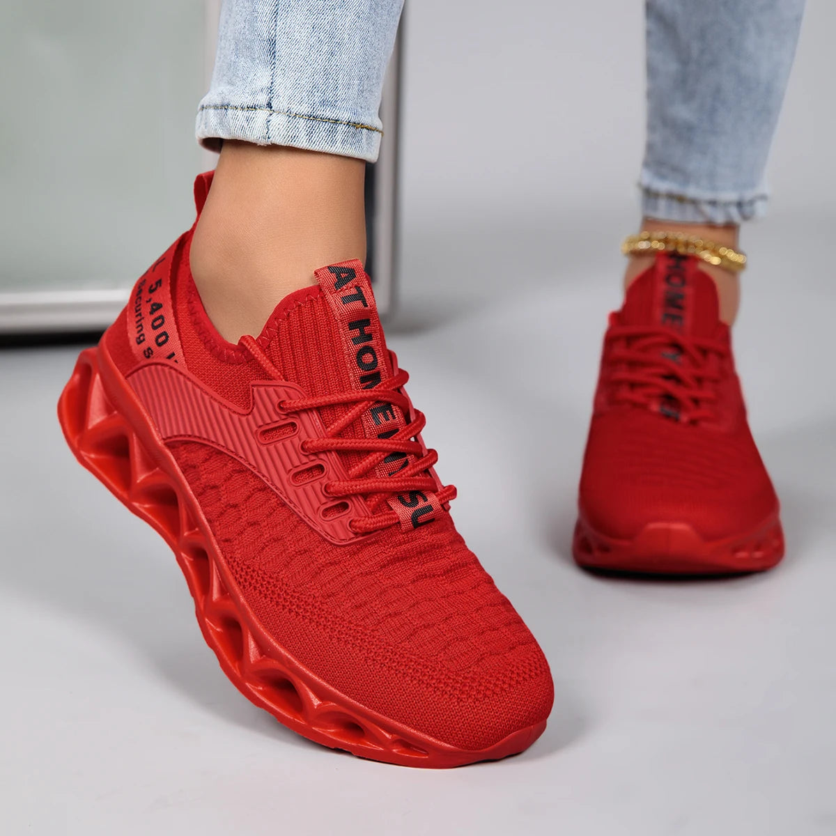 Womens Lightweight Orthopedic Lace Up Geometric Sneakers With Nylon Upper