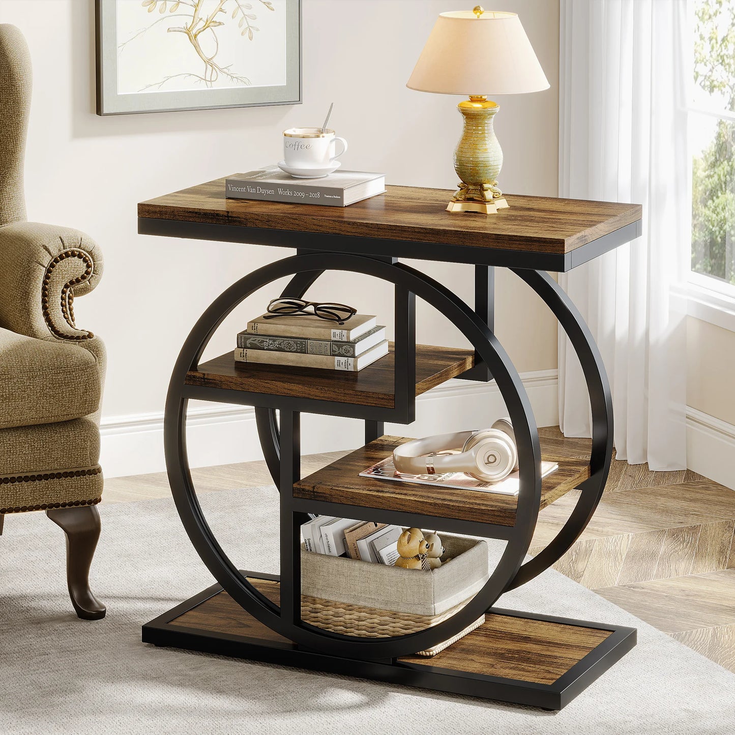 Tribesigns Industrial End Table With 3 Storage Shelves