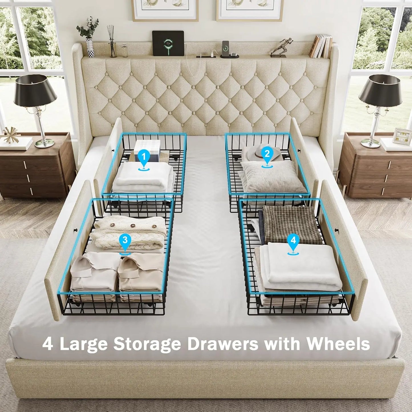 King Size Bed Frame with 4 Storage Drawers, Upholstered Wingback Headboard, Fast Charging Station