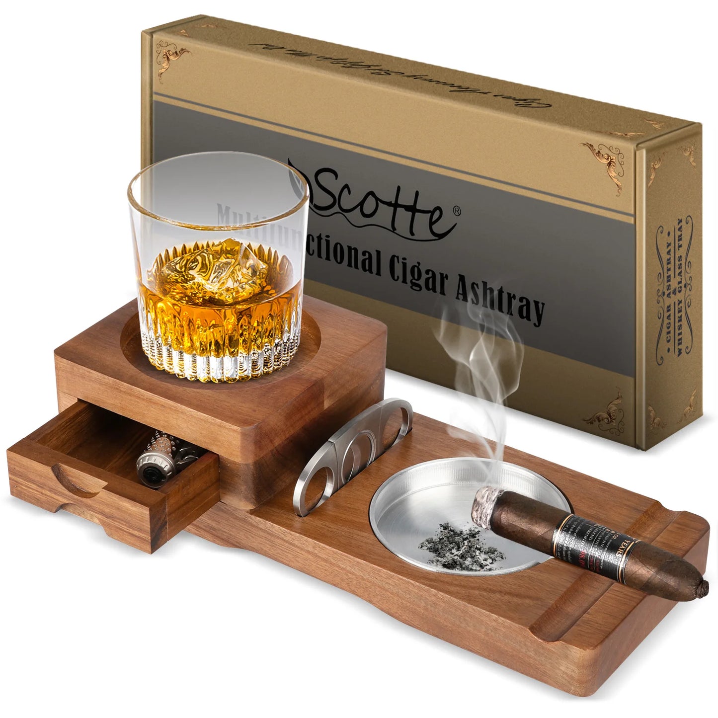 Scotte Ashtray Coaster And Wooden Tray With Drawer And Cutter