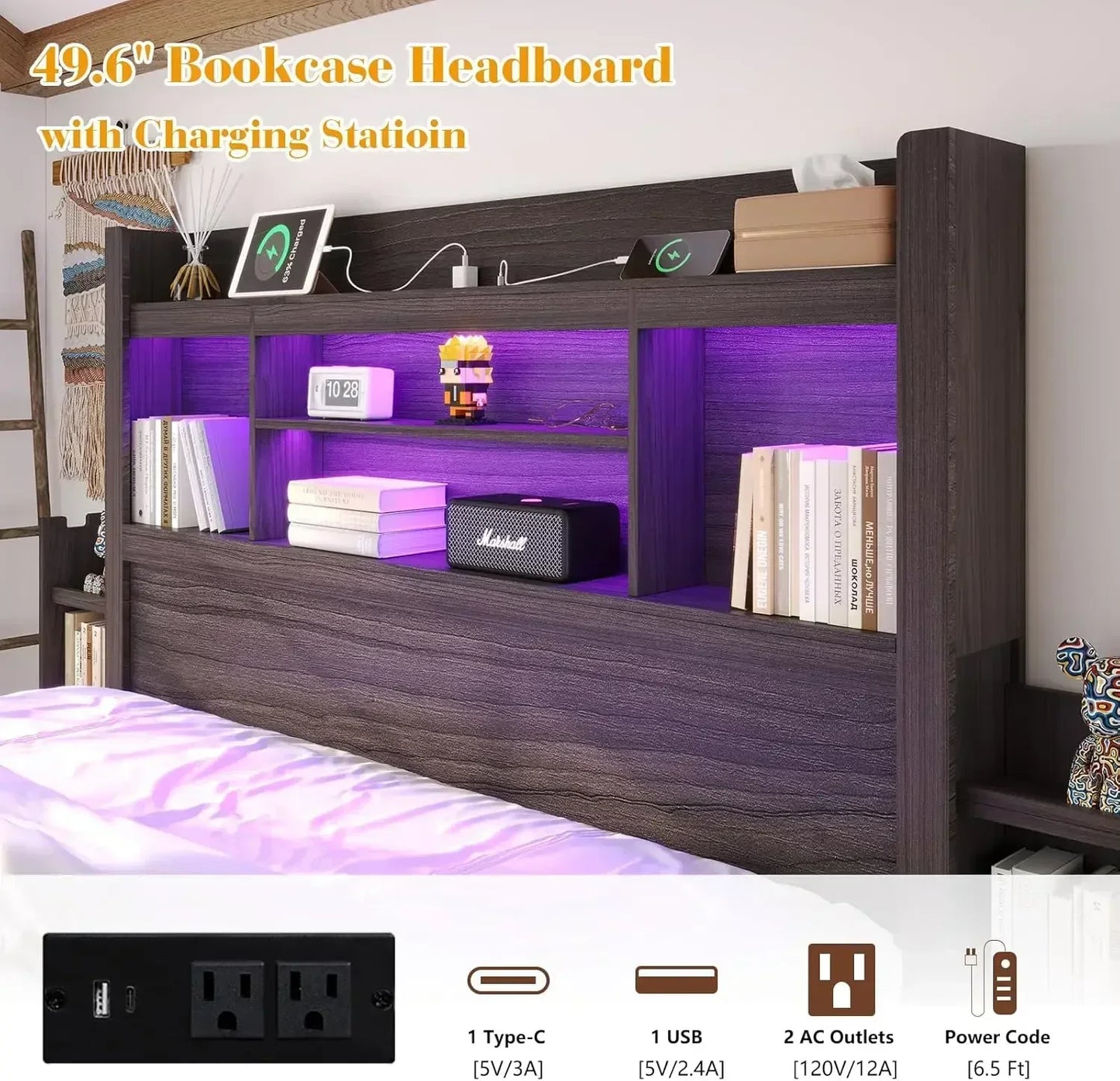 Farmhouse Queen Bed Frame With Bookcase Headboard And Storage