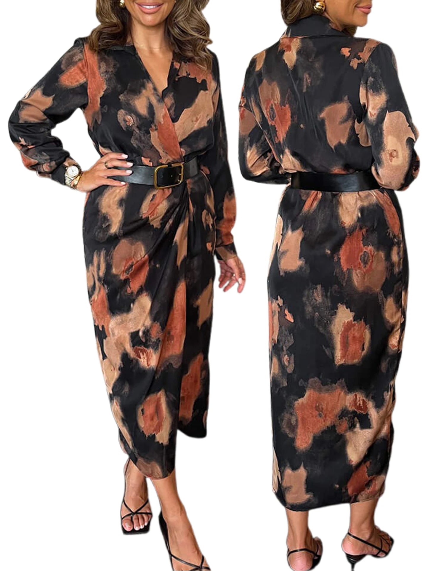 Women's Tie Dye Print V-Neck Wrap Dress With Belt Chic