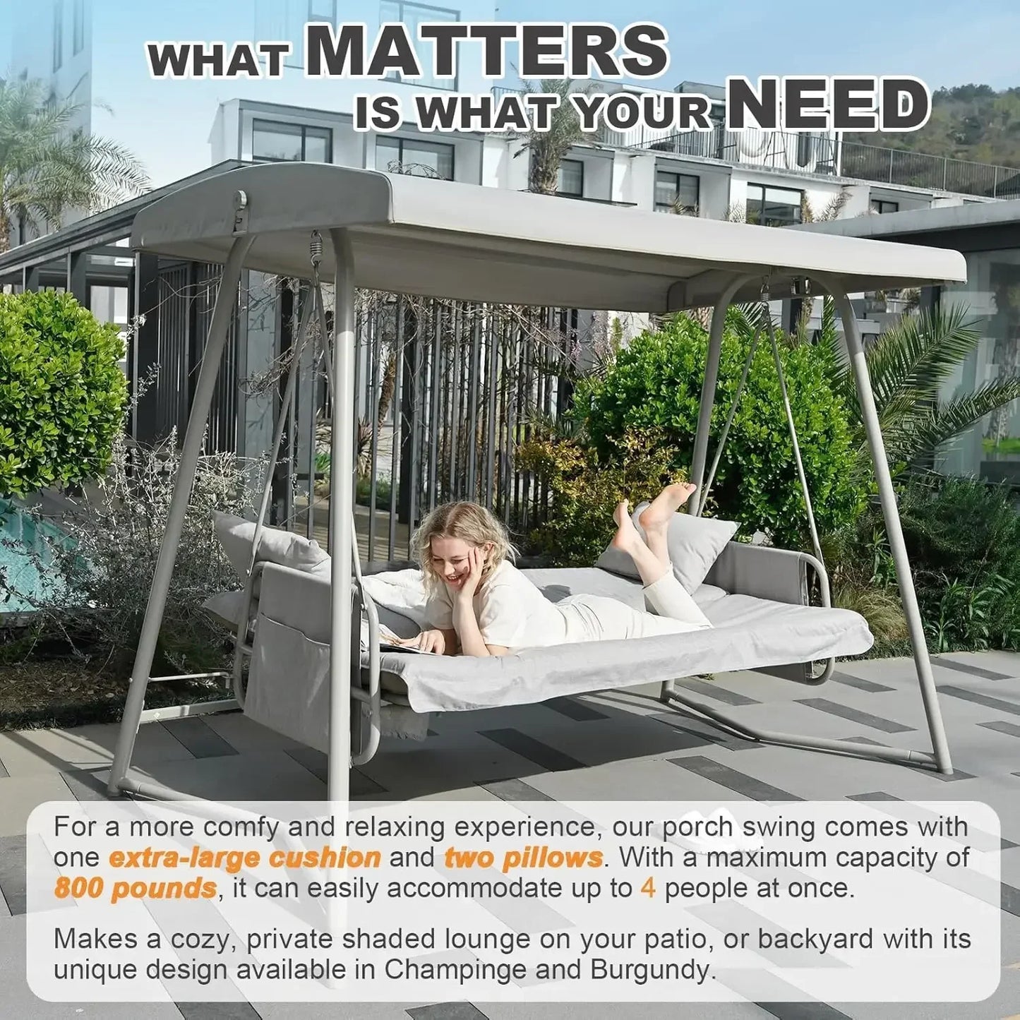 XMSJ 3 To 4 Seat Porch Swing 2in1 Outdoor Bed With Adjustable Backrest
