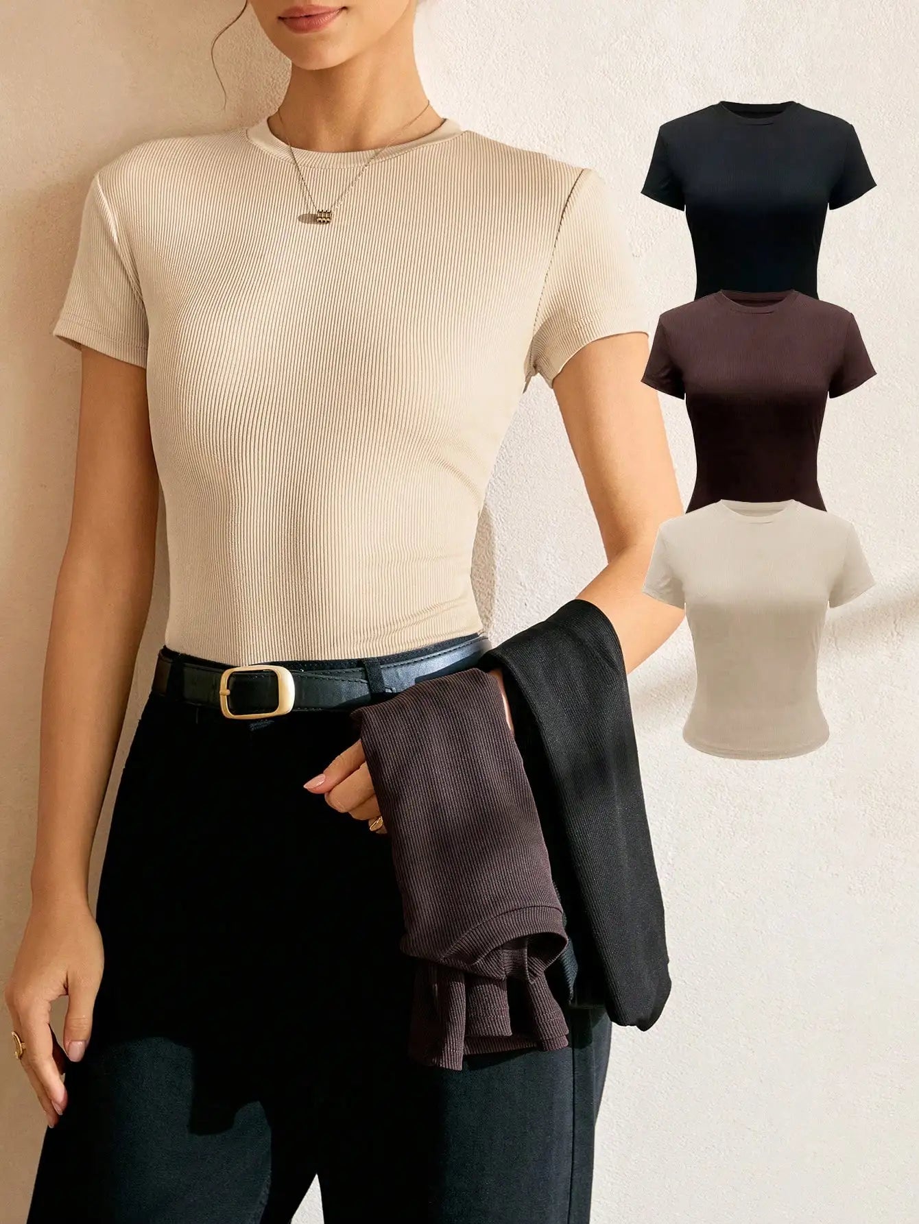 Women's Short Sleeve Knit T Shirt With Elastic Fabric