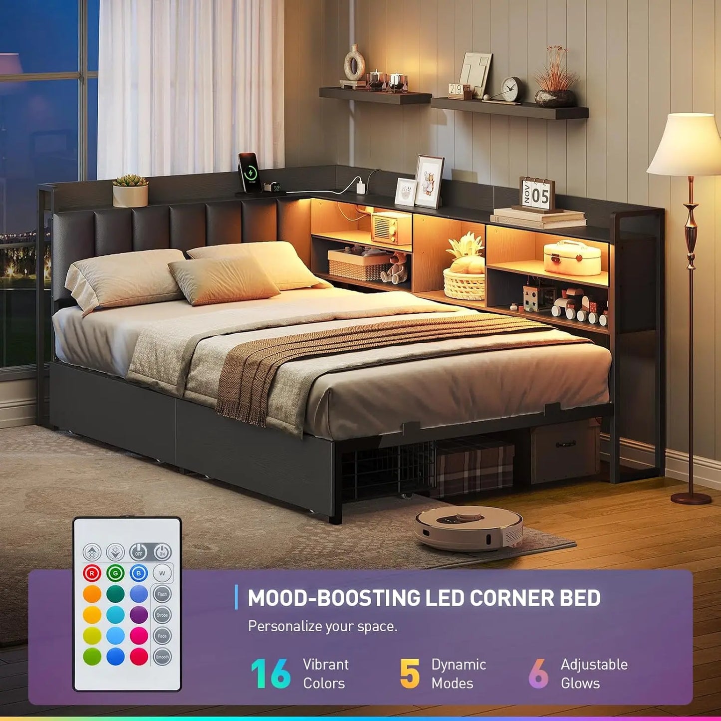 Corner Bed Frame With Bookcase Storage PU Upholstered Twin Daybed With 2 Drawers