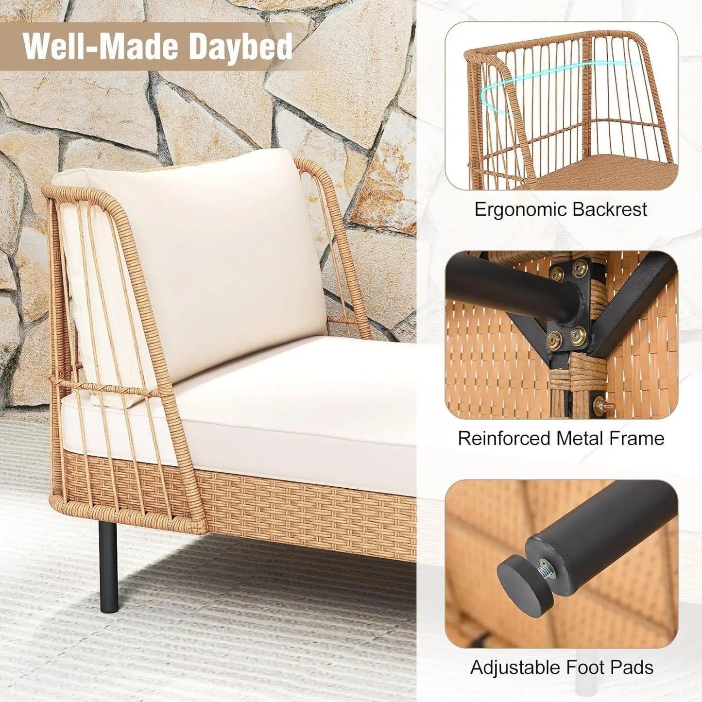 Folded Patio Rattan Daybed Boho Outdoor Wicker Lounge Sofa