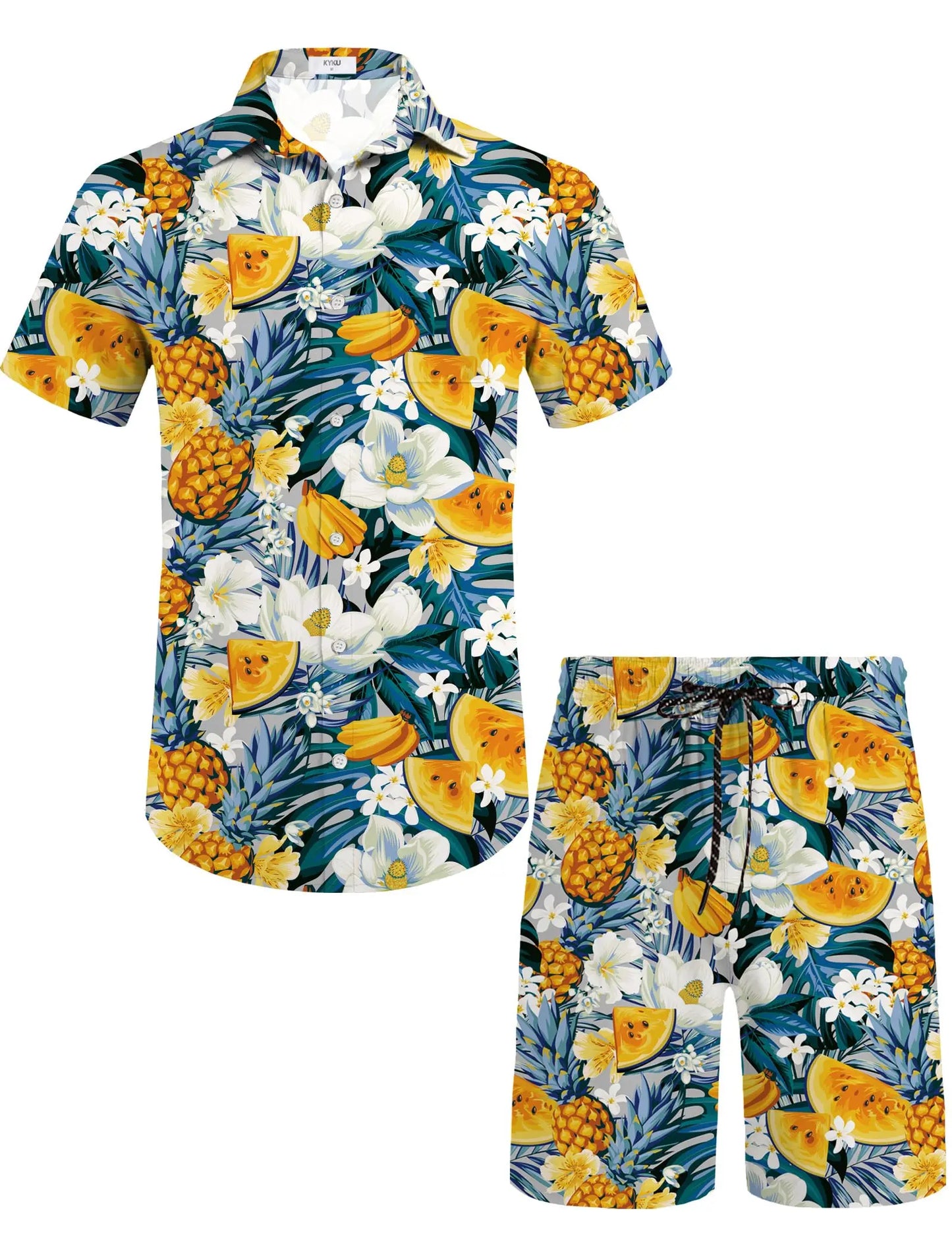KYKUCN Men Summer Short Sleeve Button Down Beach Shirt Set