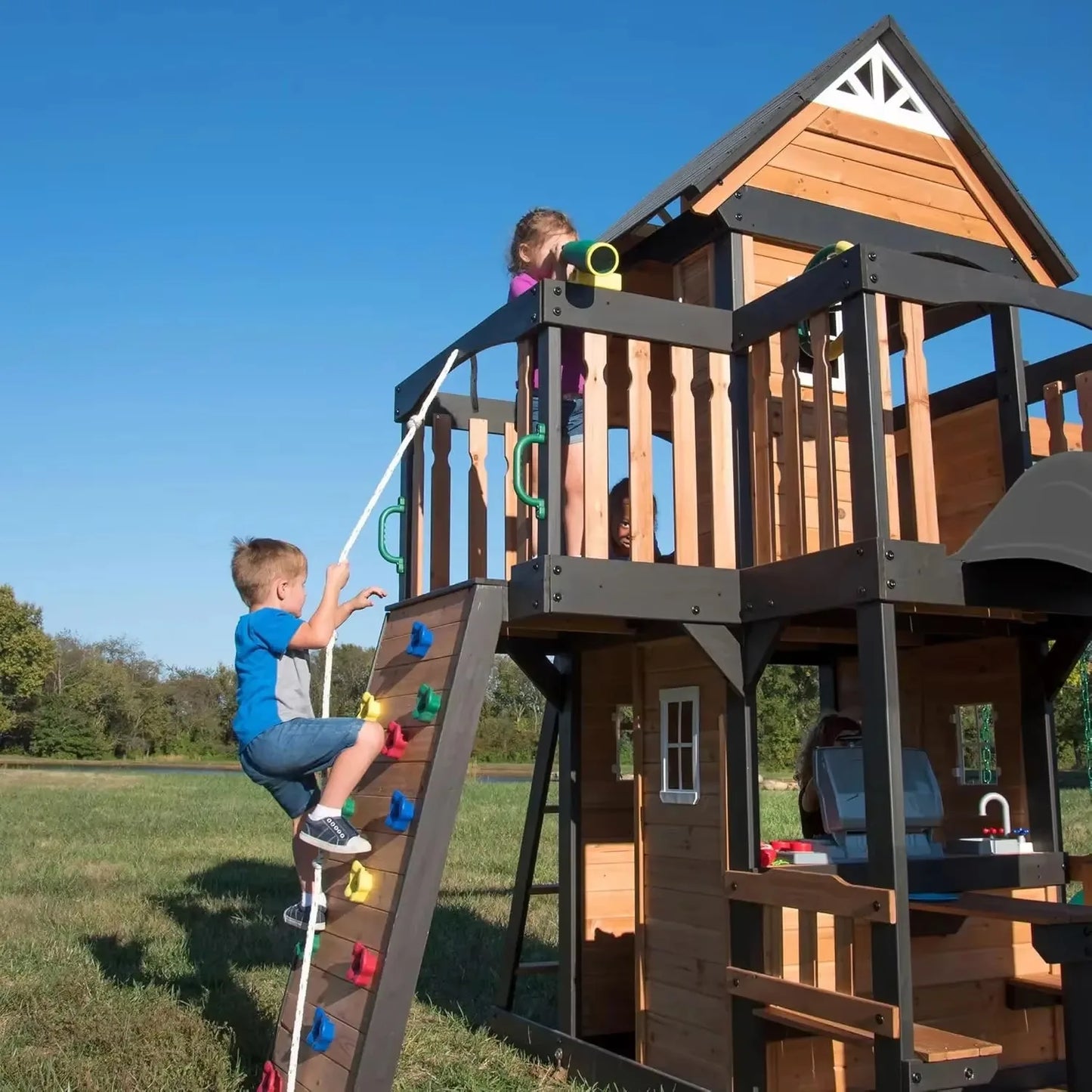 Canyon Creek Cedar Wood Swing Set With Wave Slide Playhouse
