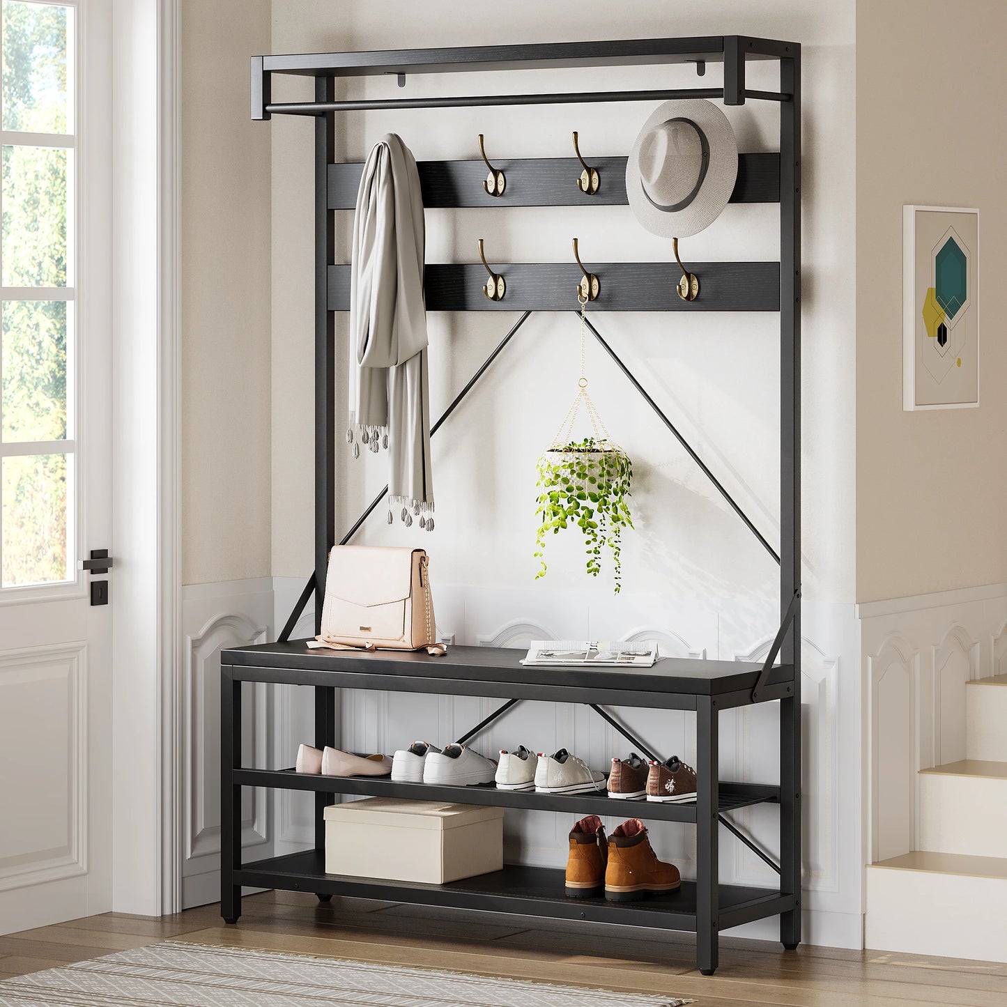 Acekool Industrial Hall Tree Coat Rack With Bench And Storage