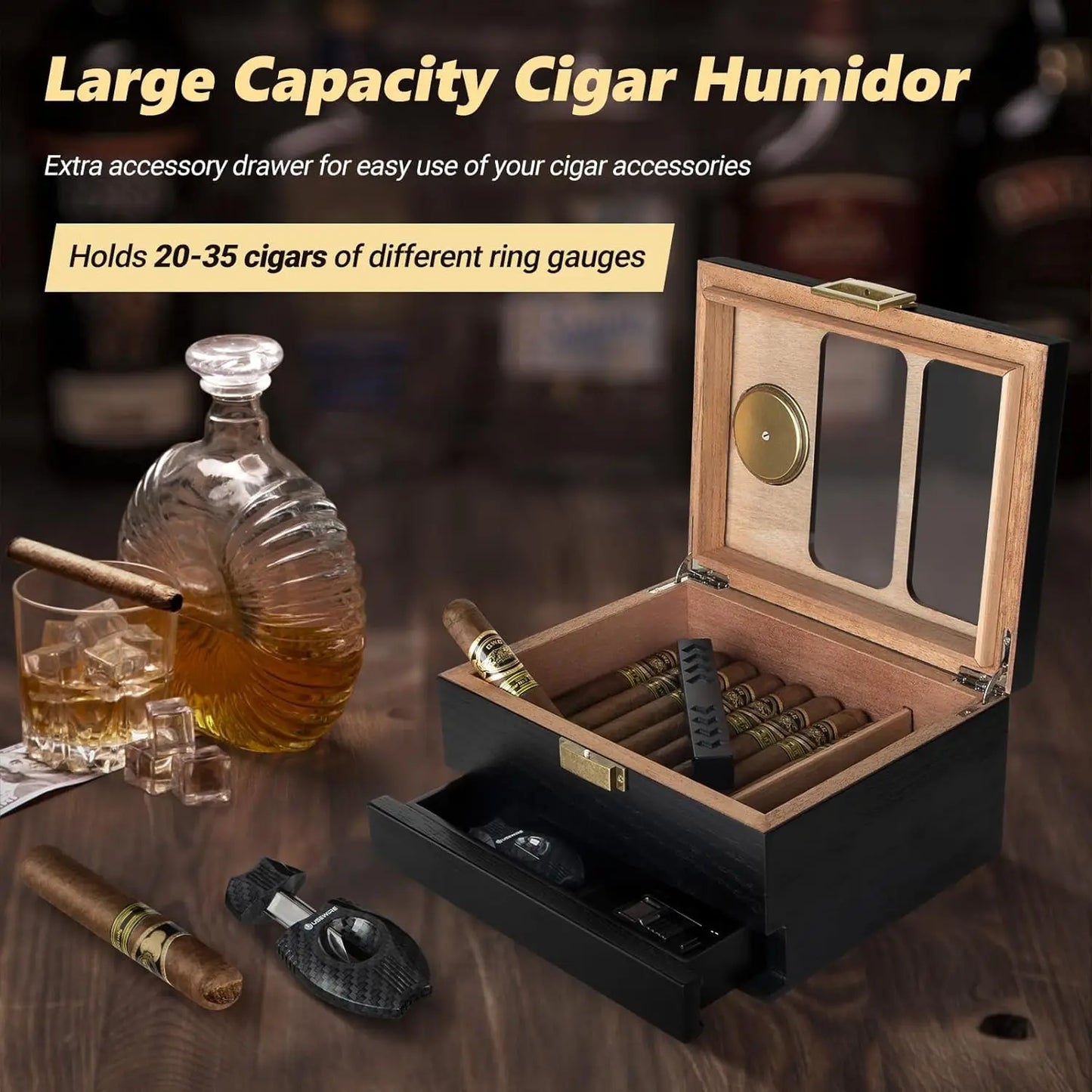 UseWire Cedar Wood Cigar Humidor Glass Top Premium 20-35 Cigars