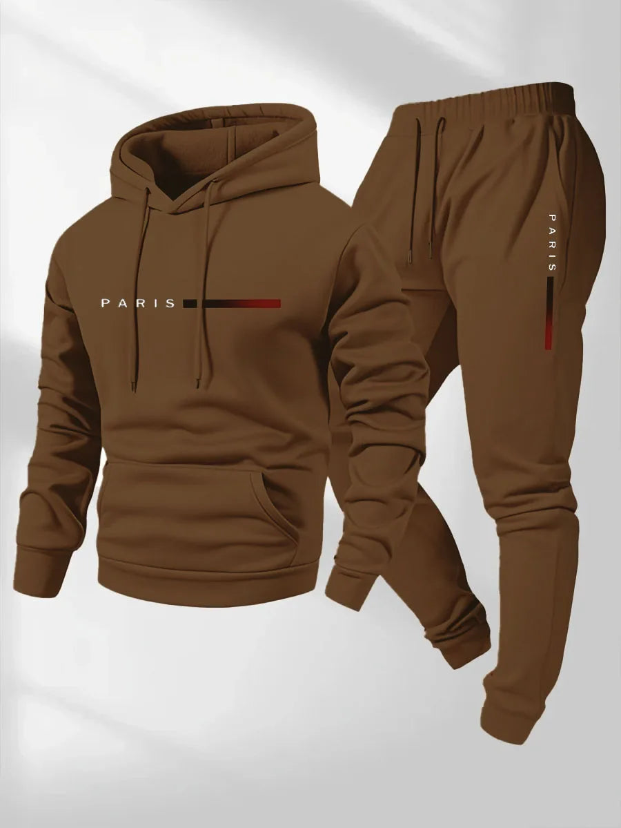 Mens Paris Letter Printed Hoodie And Drawstring Sweatpants Set