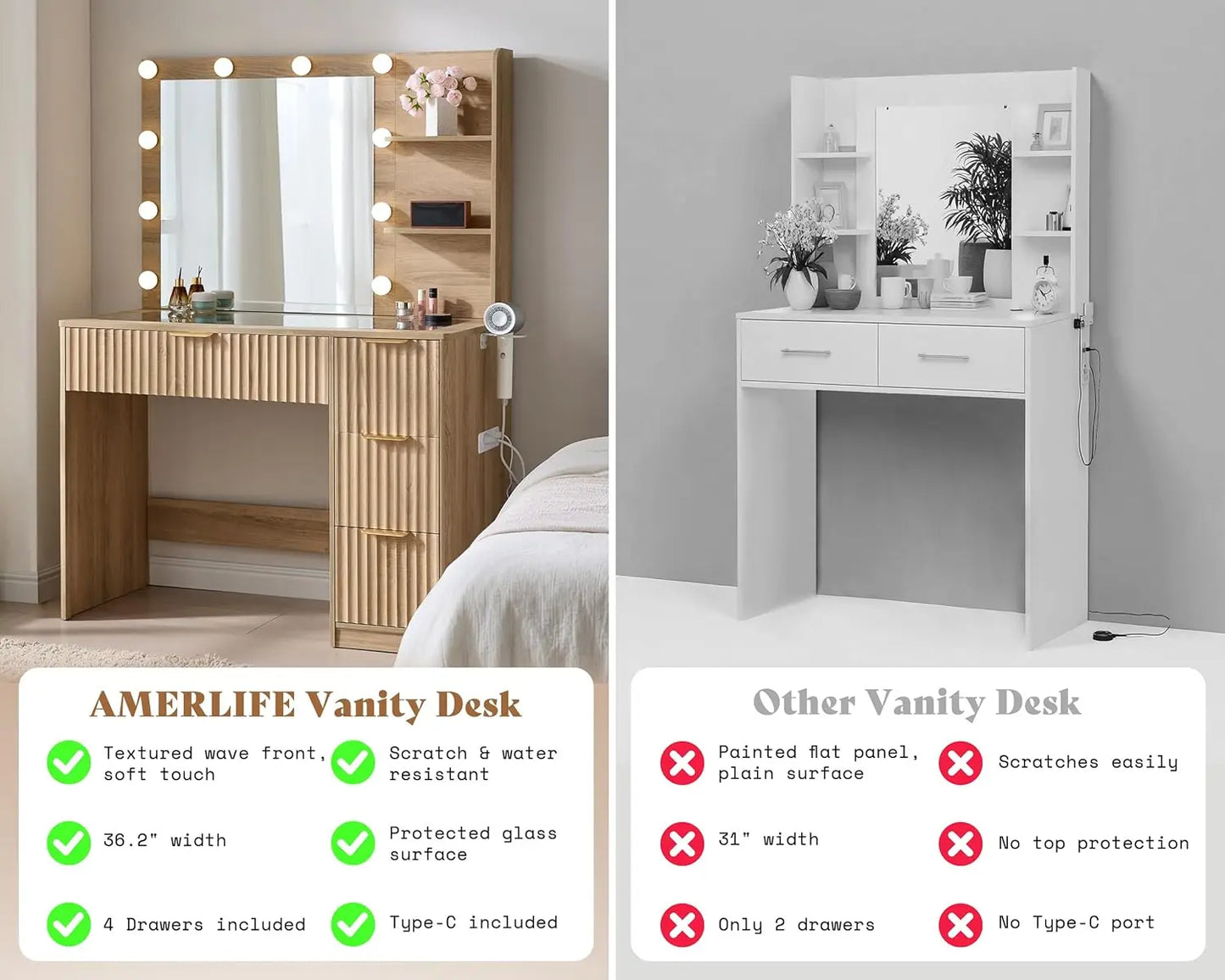 Fluted Vanity Desk With Mirror And Adjustable LED Lights