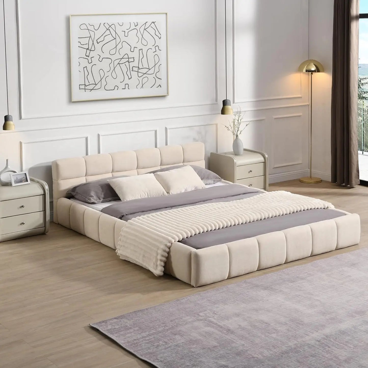 Custom Chenille Upholstered Platform Bed Frame With Cloud Soft Headboard