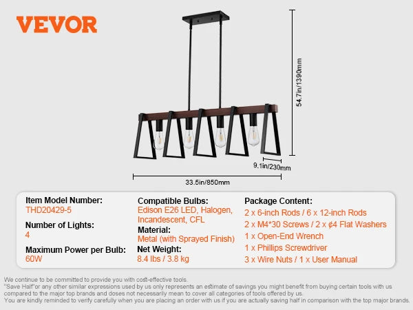 Industrial Metal Farmhouse 4 Light Kitchen Island Pendant With Rods