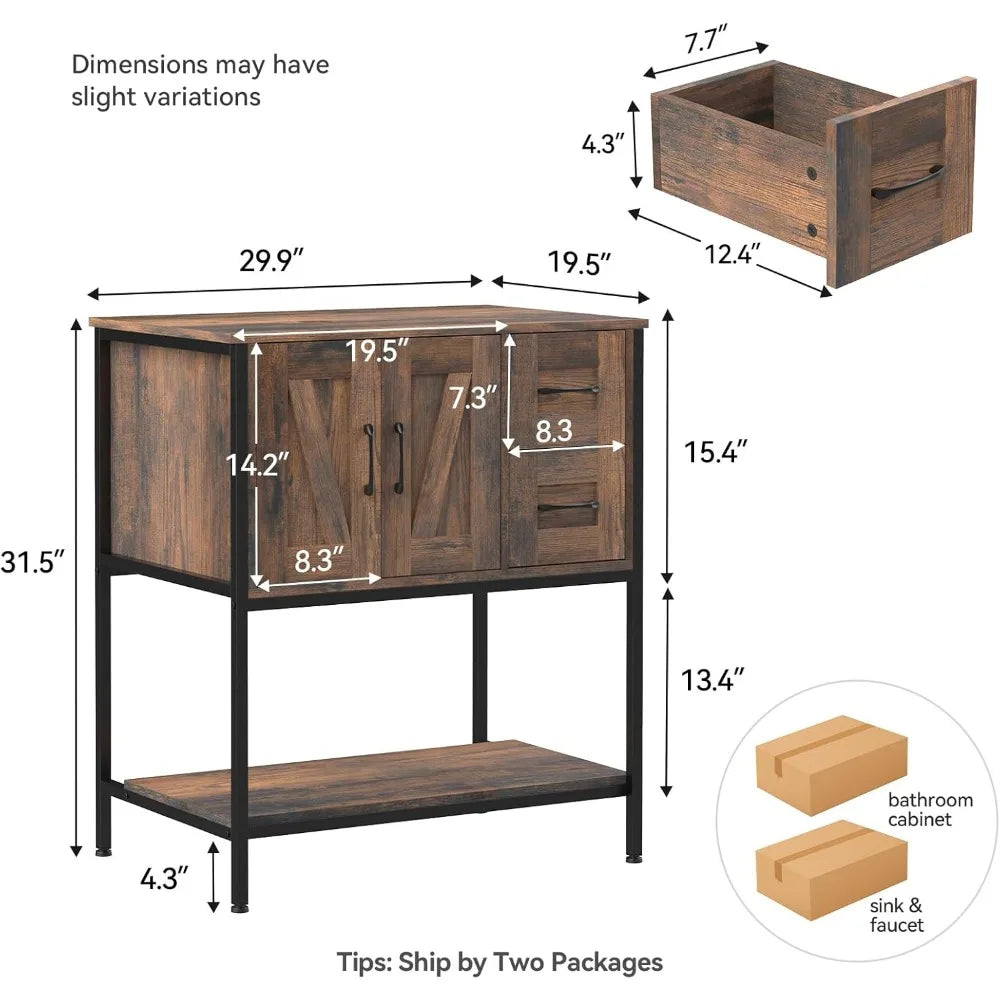 Rustic Farmhouse Vanity Set With Ceramic Sink And Wood Cabinet