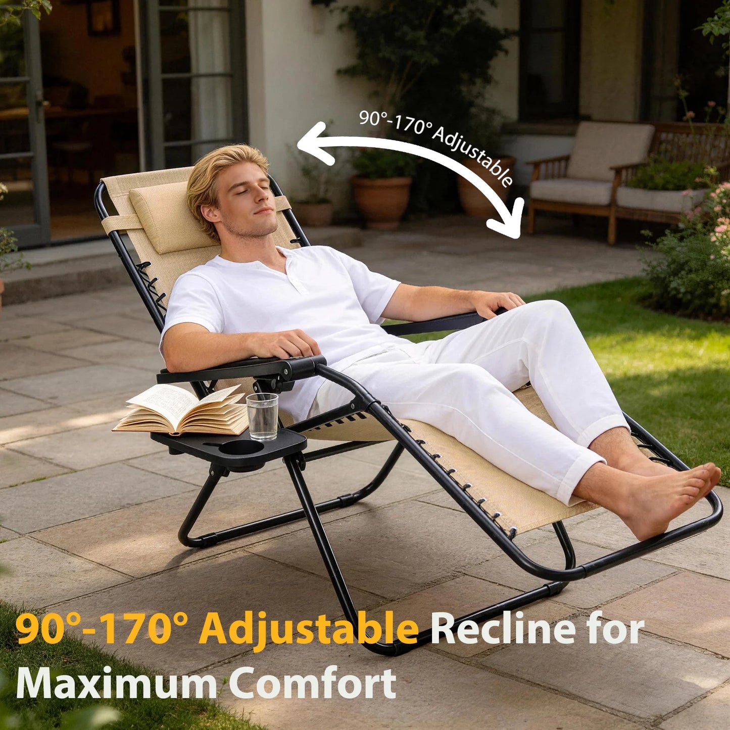Set of Zero Gravity Reclining Lounge Chairs with Cup Holder Tray