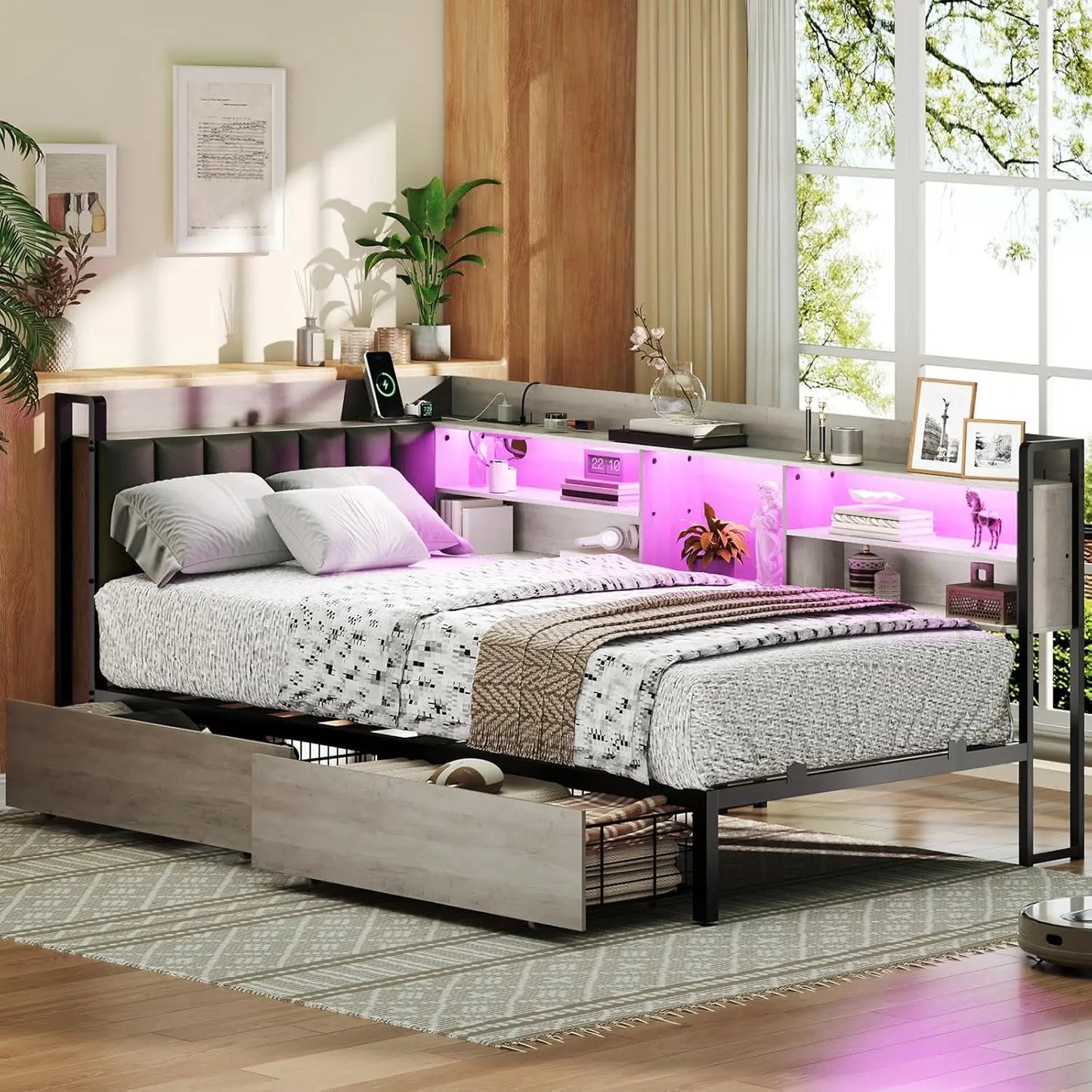 Corner Bed Frame With Bookcase Storage PU Upholstered Twin Daybed With 2 Drawers