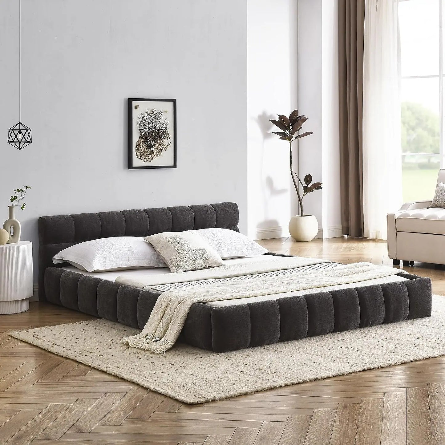 Custom Chenille Upholstered Platform Bed Frame With Cloud Soft Headboard