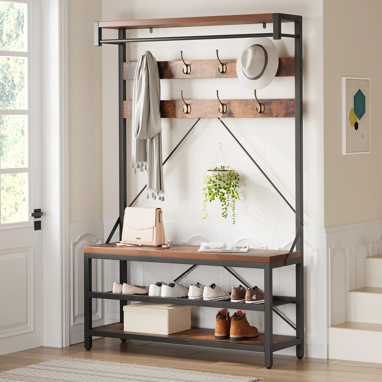 Acekool Industrial Hall Tree Coat Rack With Bench And Storage