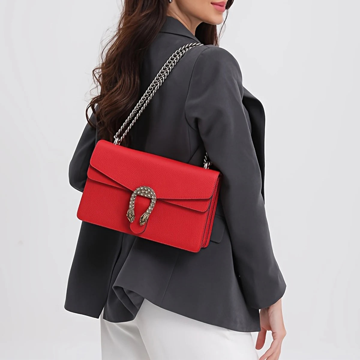 Genuine Leather Crossbody Bag With Elegant Chain Straps