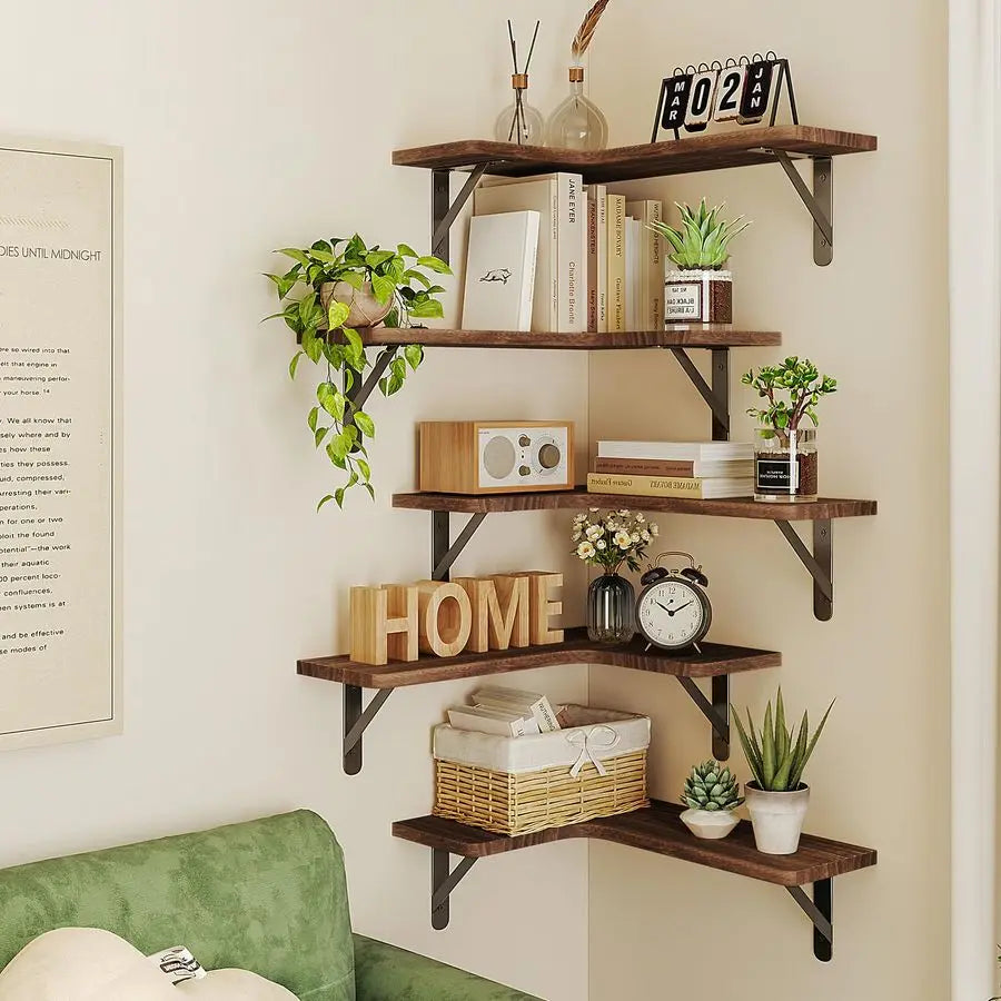 XMSJ Rustic Wood Wall Mounted Corner Floating Shelves Set