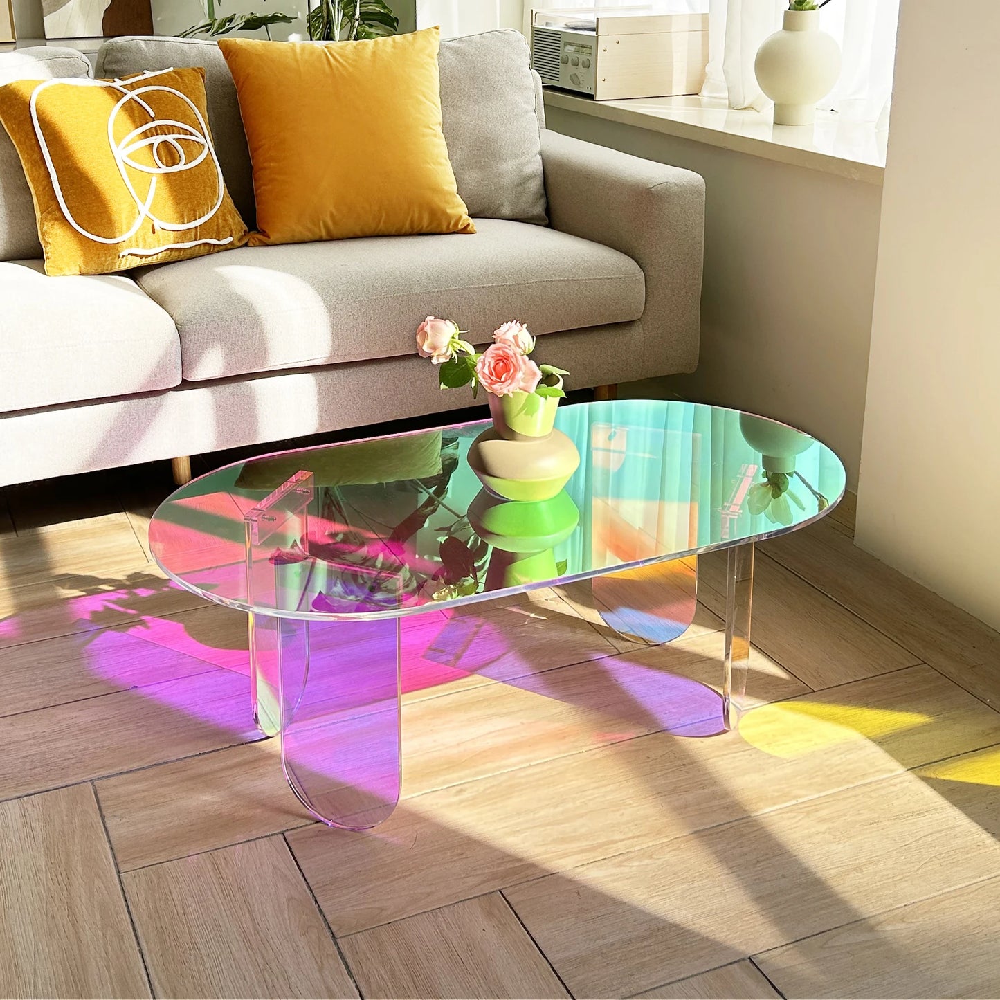 Iridescent Acrylic Coffee Table Modern Oval Design Furniture