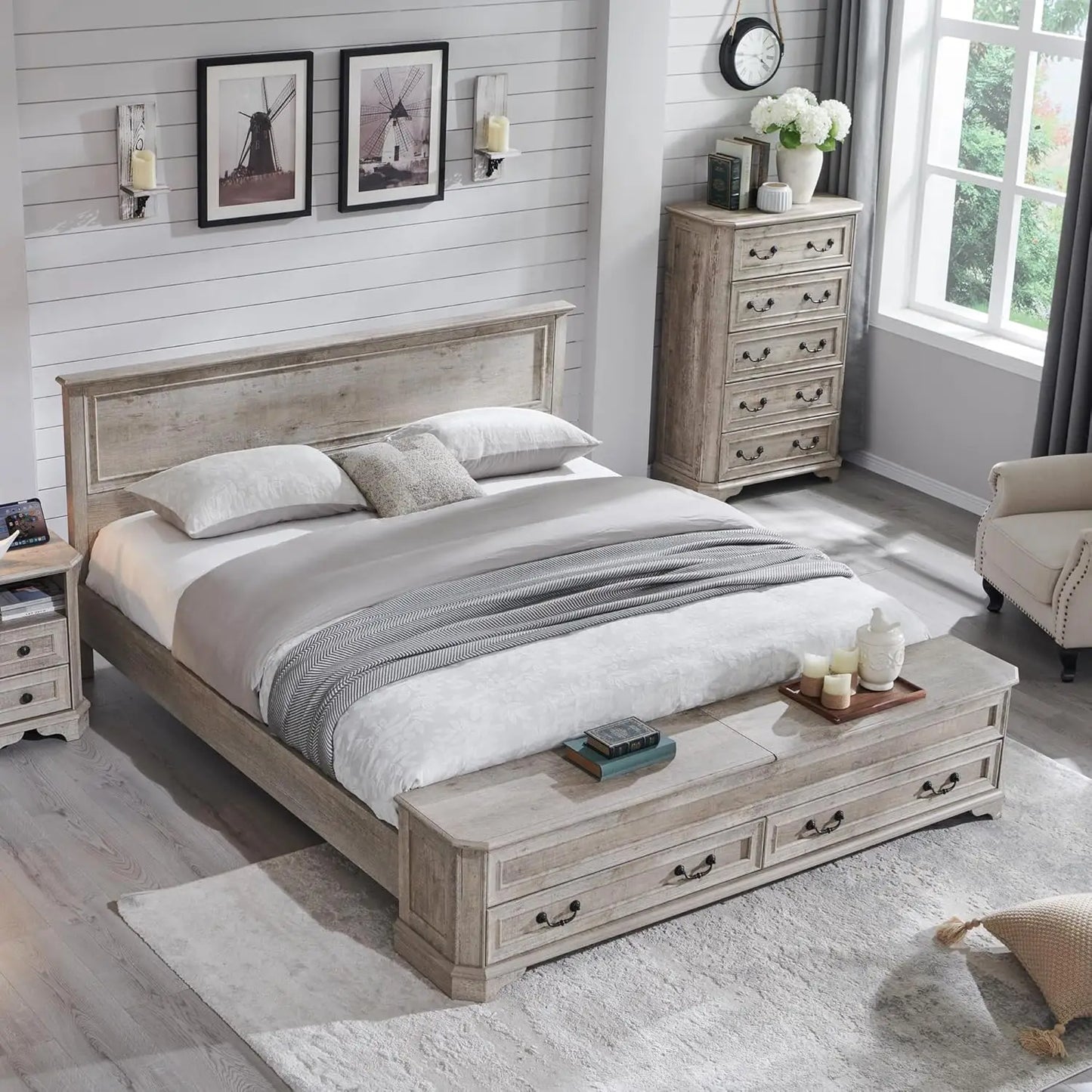 Farmhouse King Bed with Headboard and Storage Bench
